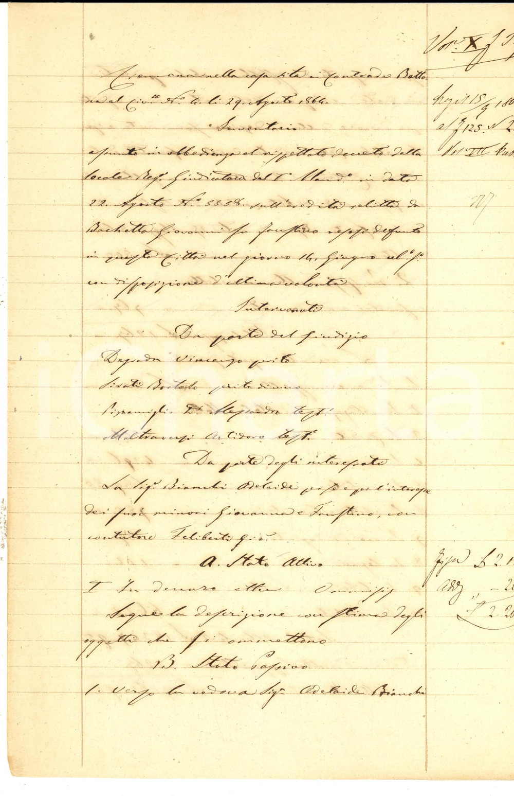 Documento originale, autentico 1864 CREMONA Inventario beni defunto Giovanni BACHETTA fu Faustino Manoscritto 1