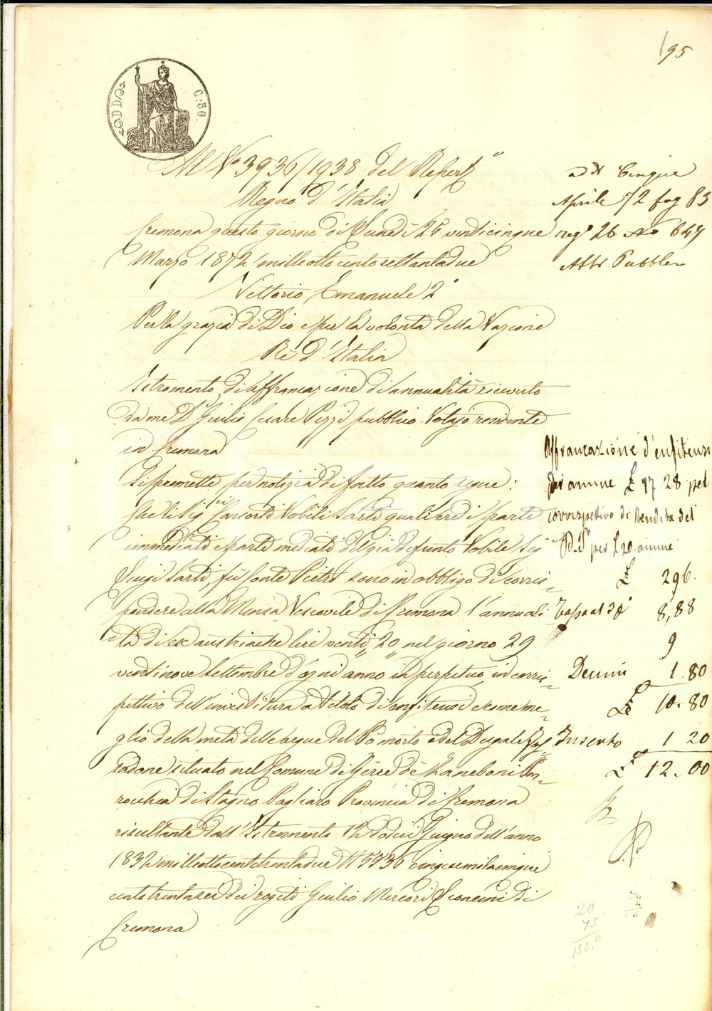 1872 GERRE DE' ZANEBONI/ CREMONA Affrancazione livello eredi nobile Luigi SARTI Atto notarile d'epoca.CONDIZIONI: G    originale e autentica 1