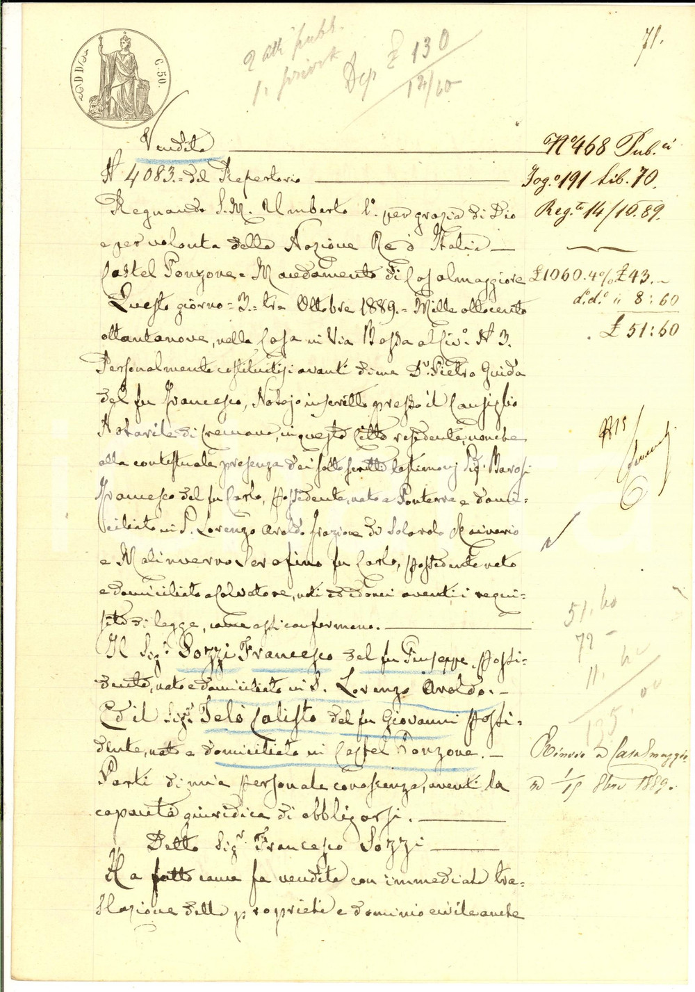 Documento originale, autentico 1889 CARUBERTO Francesco SOZZI vende a Calisto TELO  il campo FAINA 1