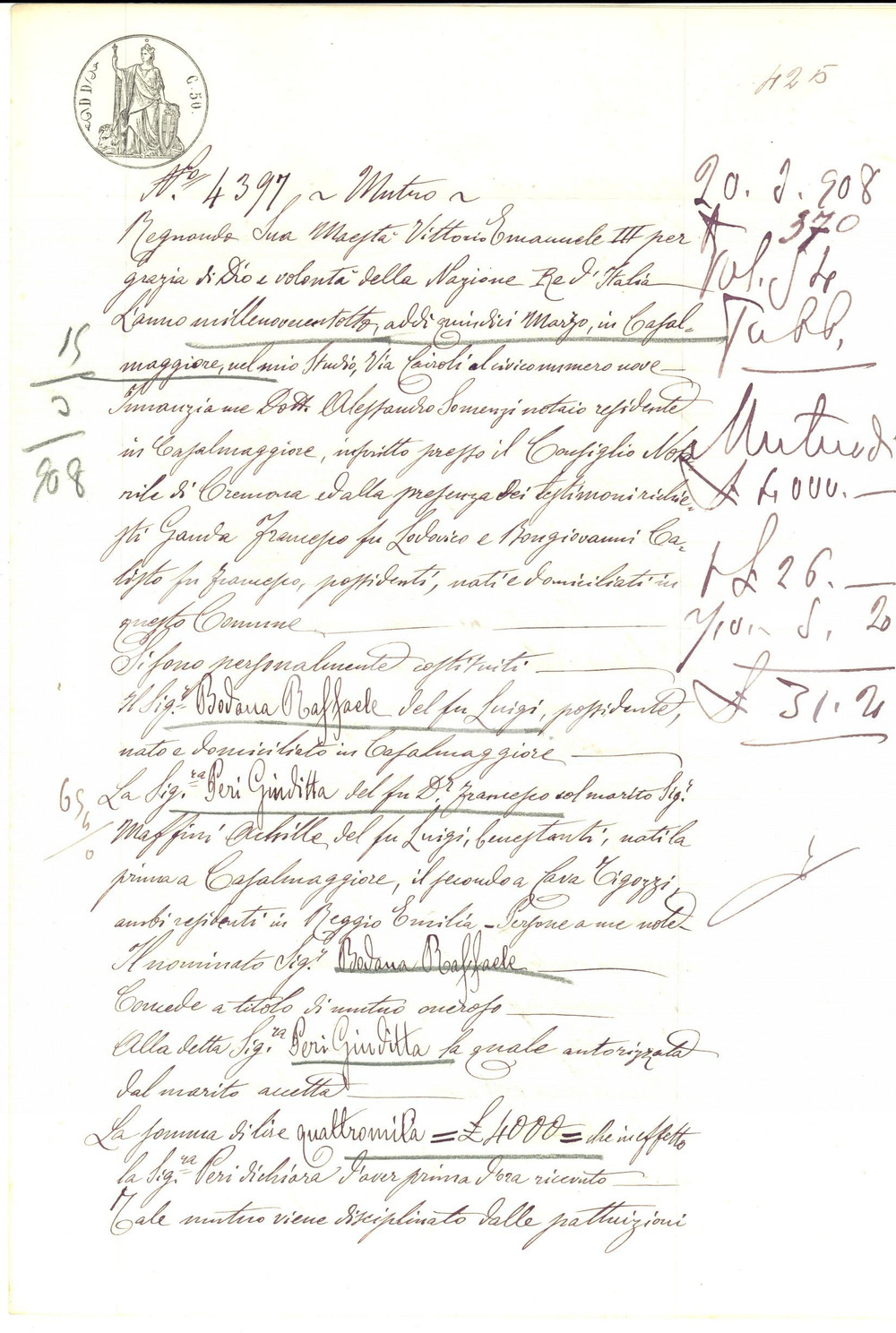 Documento originale, autentico 1908 CASALMAGGIORE CR Prestito di Raffaele BODANA a Giuditta PERI Manoscritto 1