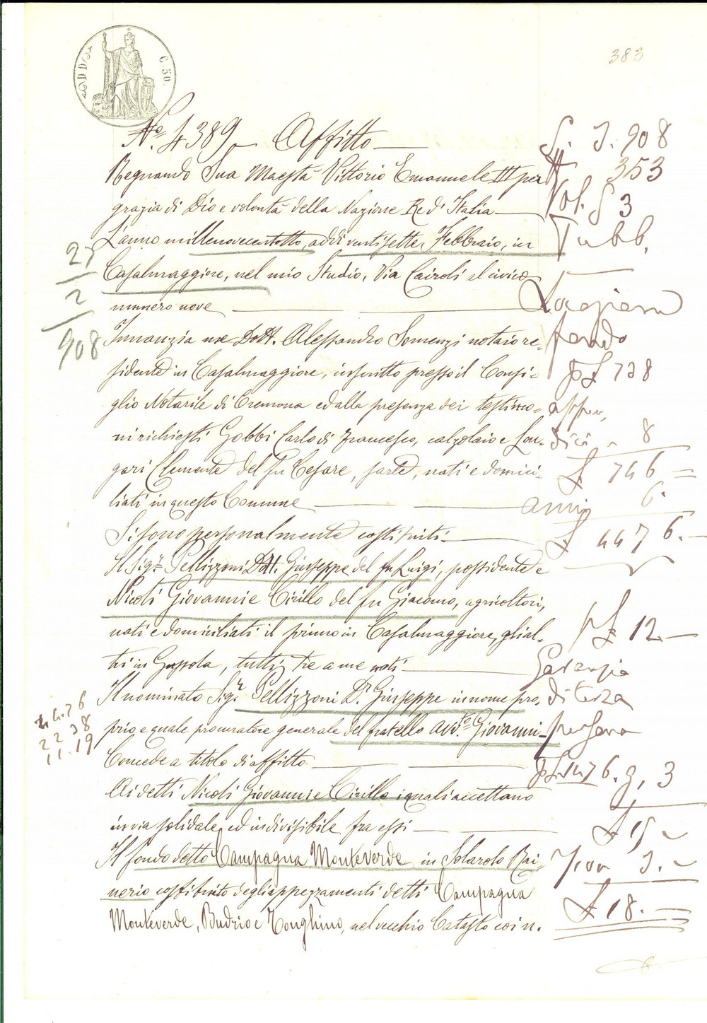 Documento originale, autentico 1908 SOLAROLO RAINERIO Giuseppe PELLIZZONI affitta fondo a Giovanni NICOLI 1
