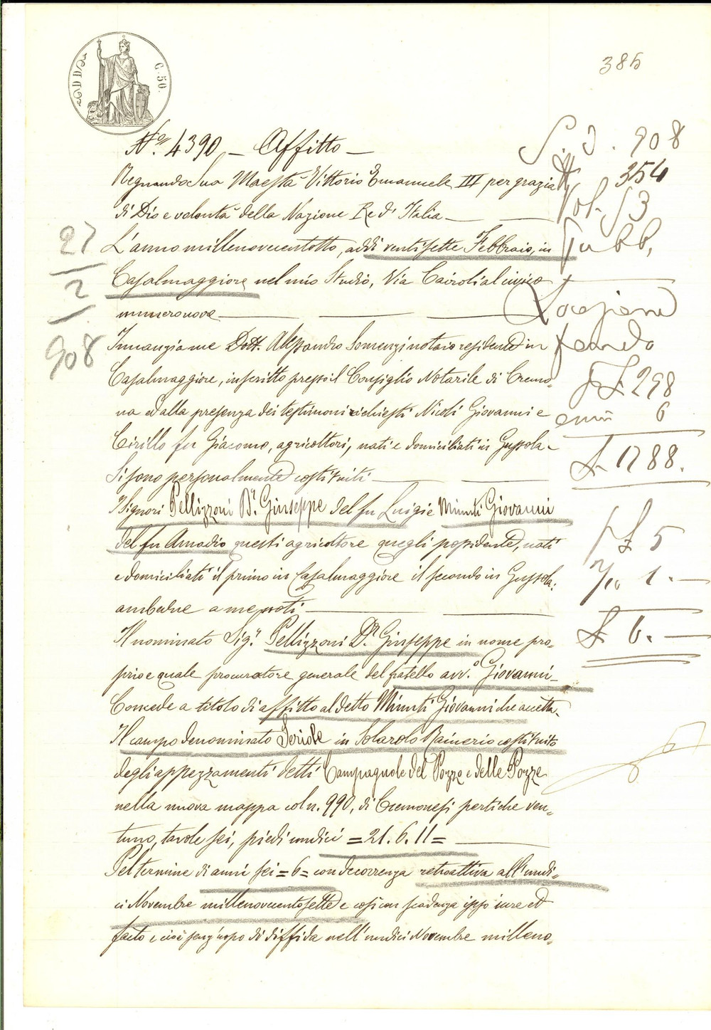 Documento originale, autentico 1908 SOLAROLO RAINERIO Giuseppe PELLIZZONI affitta fondo a Giovanni MINUTI 1