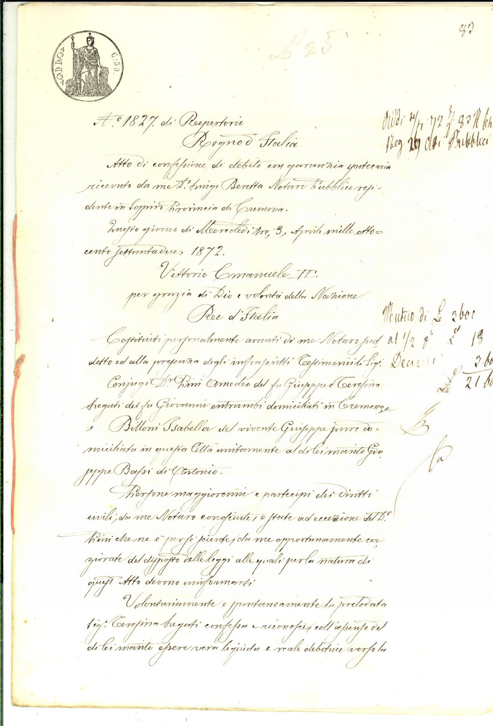Documento originale, autentico 1872 CREMONA Teresina LEGATI debitrice di Isabella BILLONI BOSSI Manoscritto 1