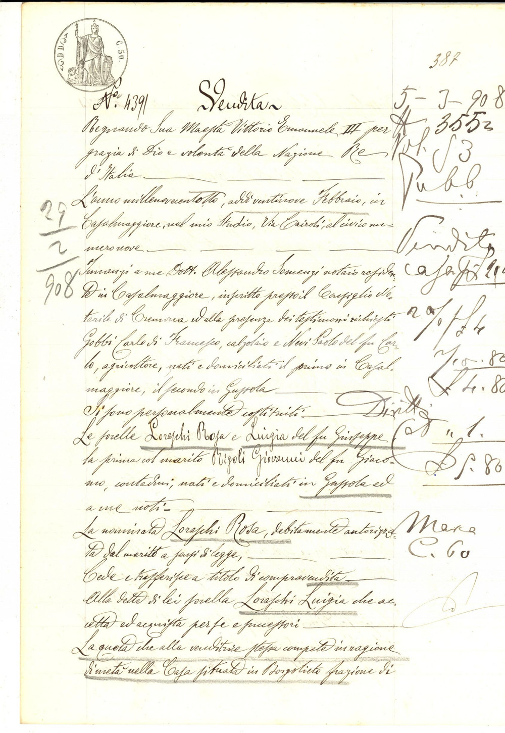 Documento originale, autentico 1908 BORGOLIETO CR Rosa LORASCHI vende parte casa alla sorella Luigia 1
