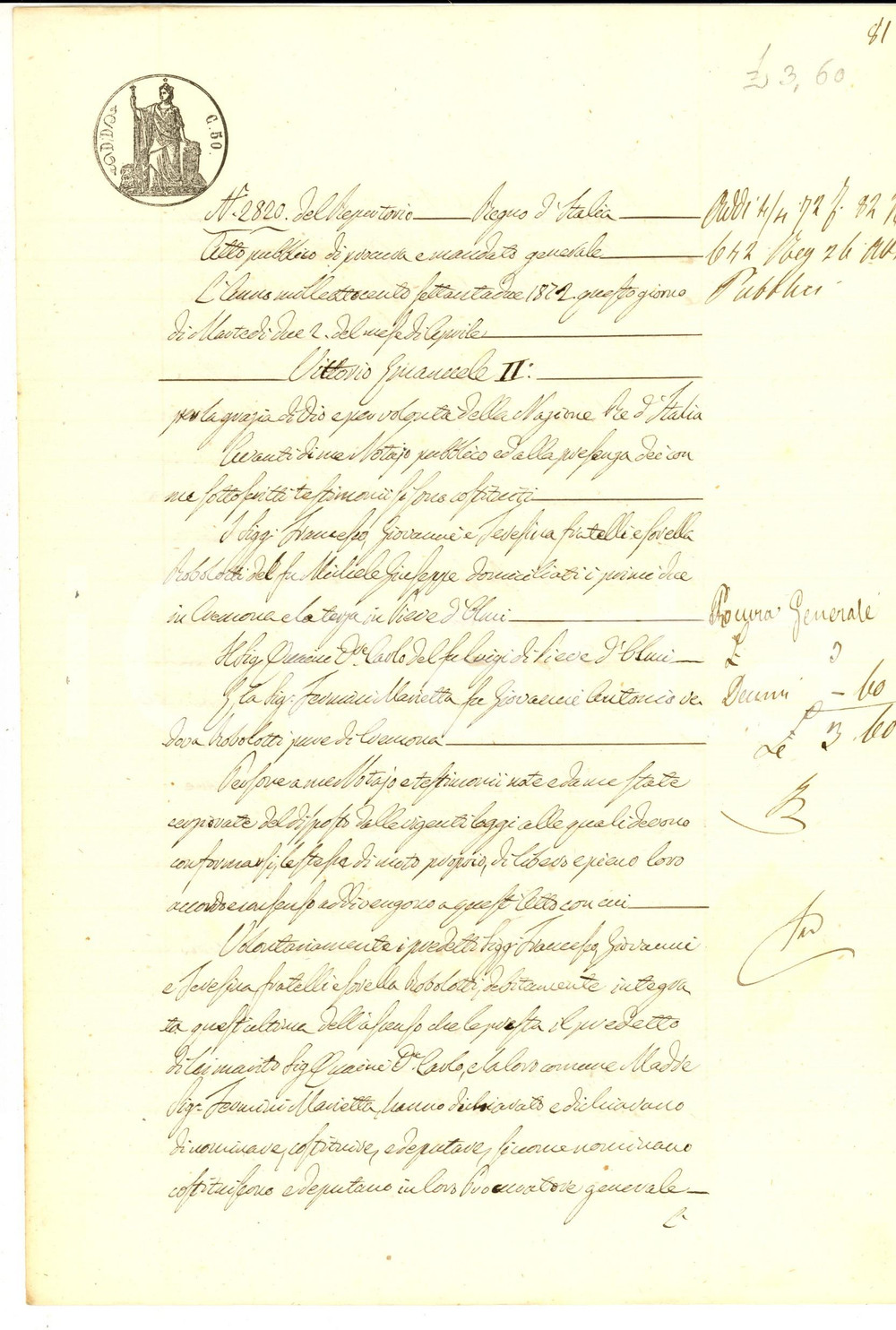 Documento originale, autentico 1872 CREMONA Procura a Francesco ROBOLOTTI per conto dei fratelli Manoscritto 1
