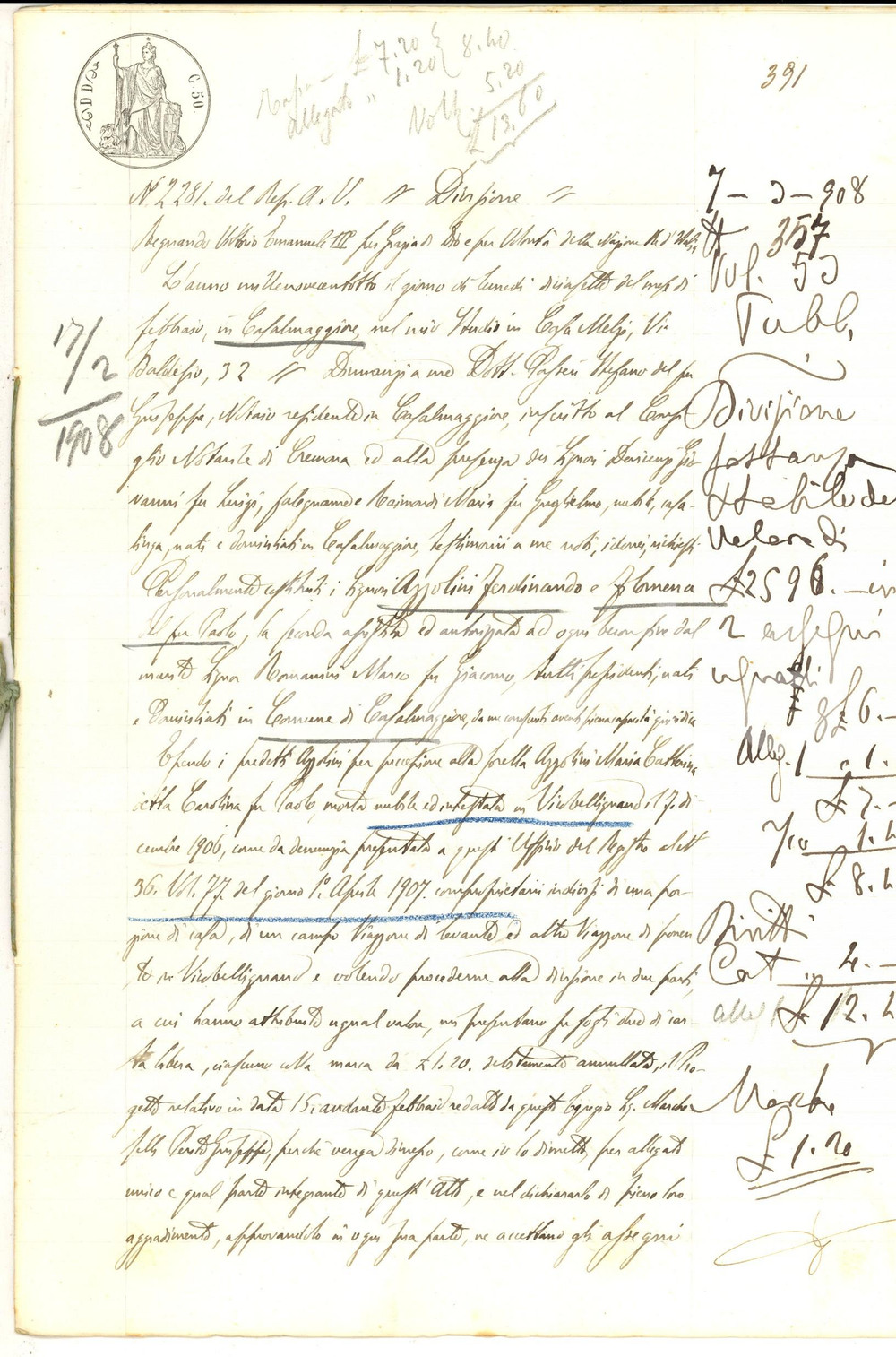 Documento originale, autentico 1908 VICOBELLIGNANO CR Divisione di stabili tra Ferdinando e Filomena AZZOLINI 1