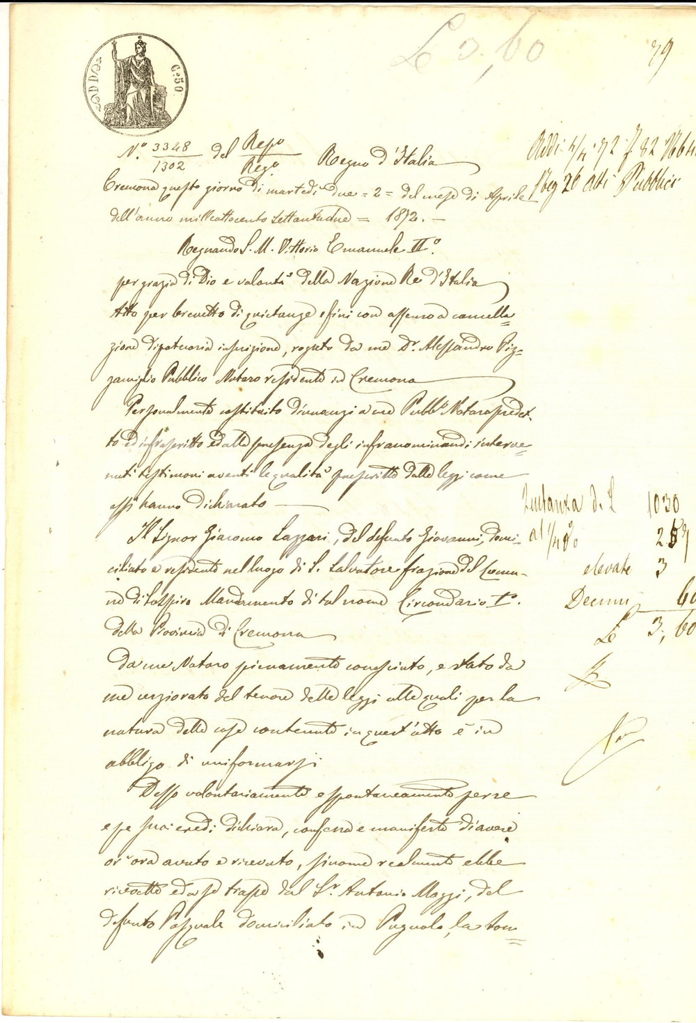 Documento originale, autentico 1872 SAN SALVATORE/ SOSPIRO Debito di Giacomo LAZZARI verso Antonio MAGGI 1