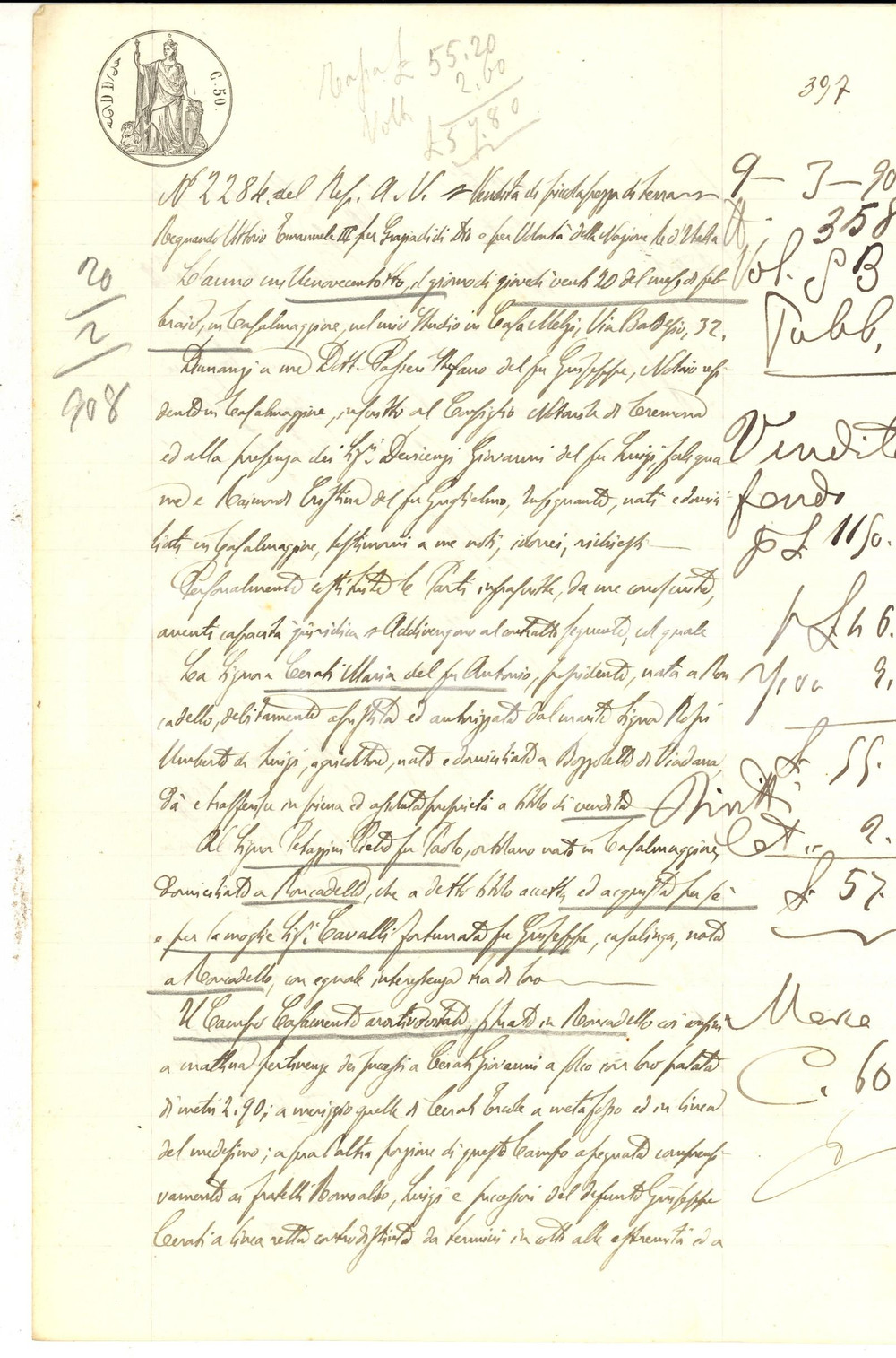 Documento originale, autentico 1908 RONCADELLO CR Maria CERATI vende campo a Pietro PETAZZINI Manoscritto 1