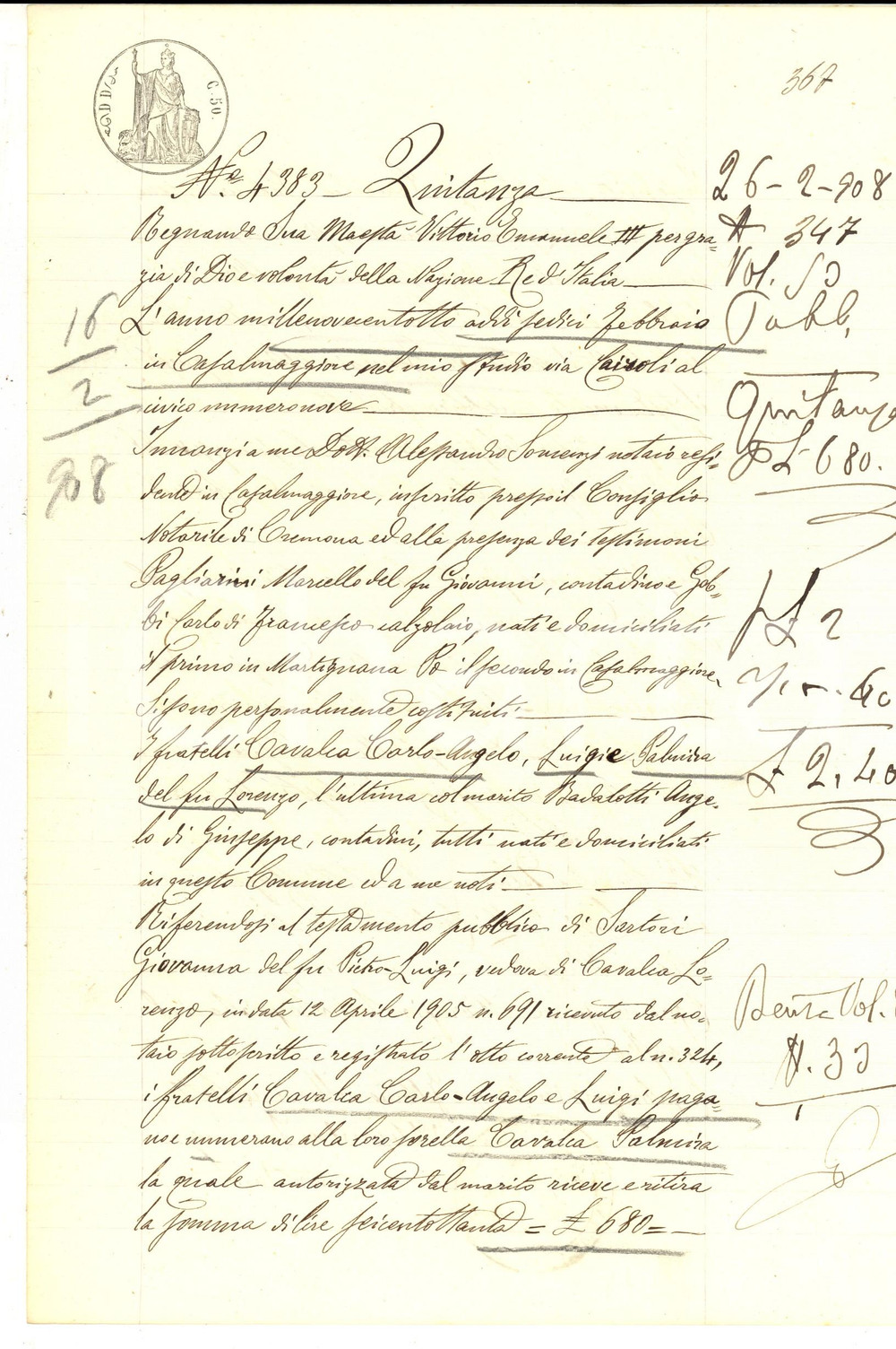 Documento originale, autentico 1908 CASALMAGGIORE Palmira CAVALCA riceve saldo quota ereditÃ  dai fratelli 1