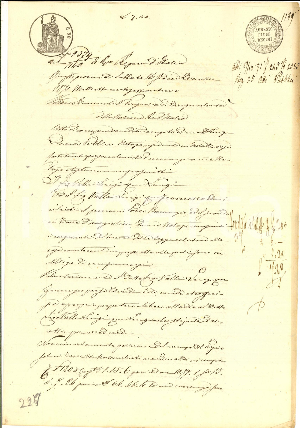 Documento originale, autentico 1871 TORRE DE  PICENARDI Luigi VALLI vende parte campo a un parente Manoscritto 1