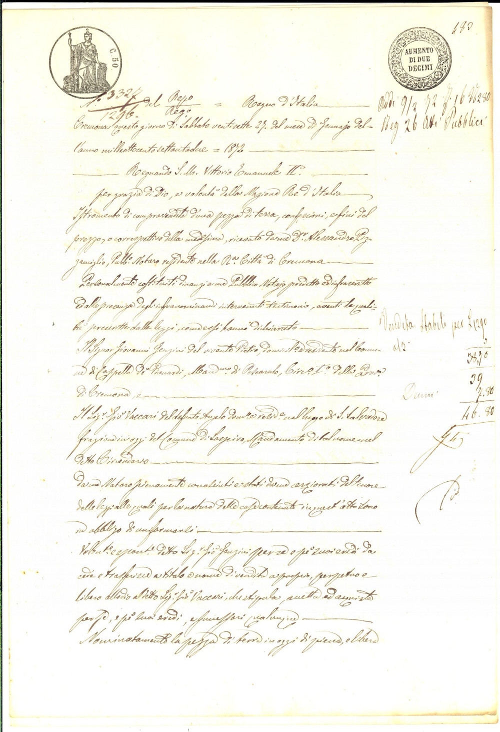 1872 CASALORZO GEROLDI (CR) Giovanni GENZINI vende terra a Giovanni VACCARI
