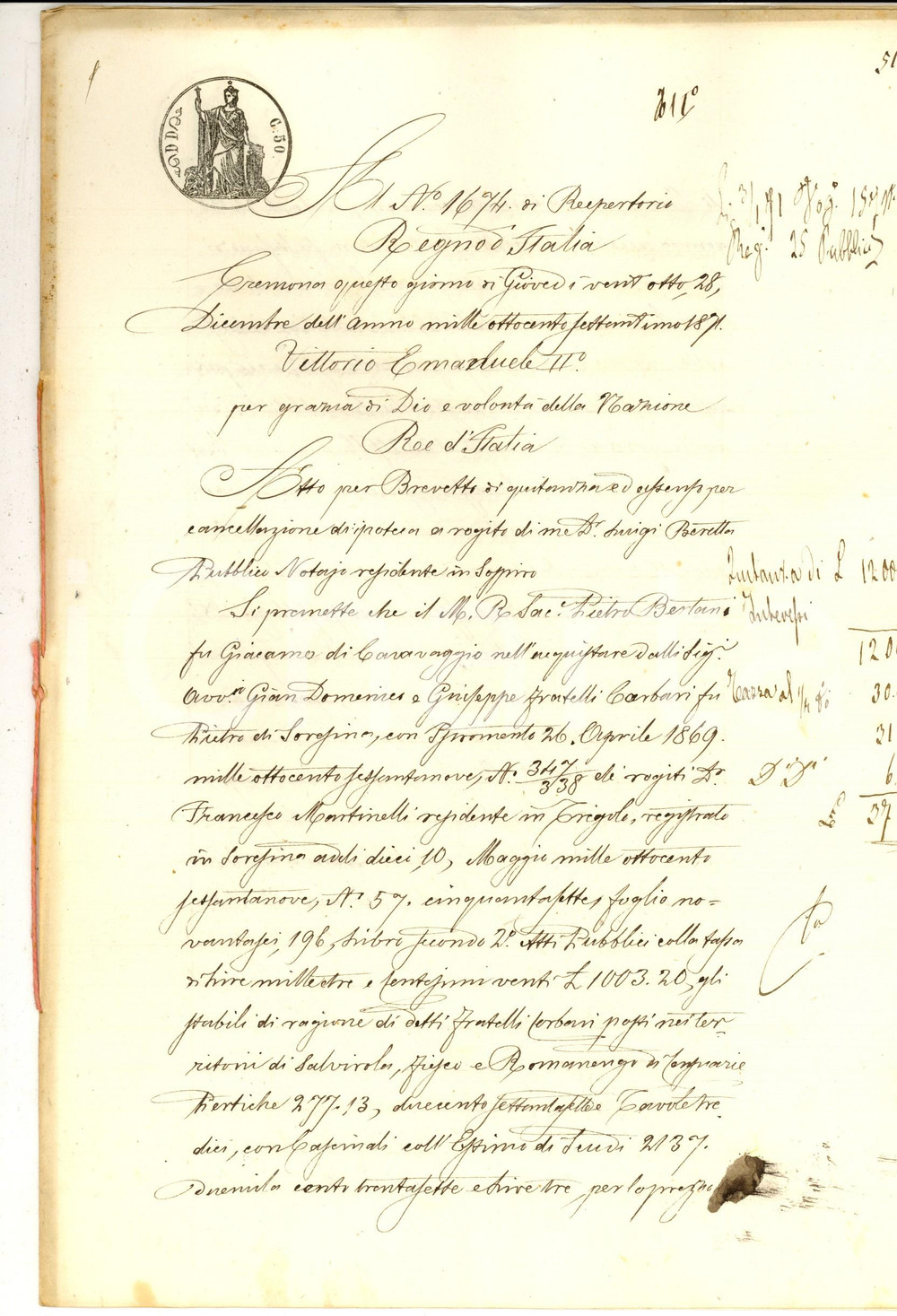 1871 CREMONA Quietanza Antonio e Cesare RUGGERI a don Pietro BERTANI Manoscritto