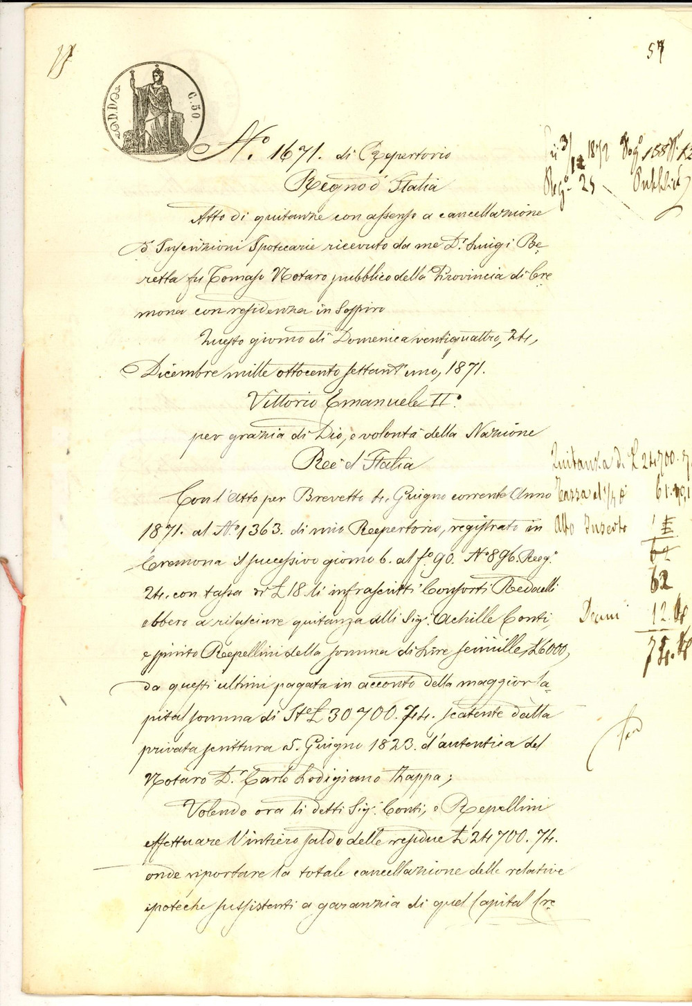 Documento originale, autentico 1871 CREMONA Achille CONTI e Spirito REPELLINI saldano debito famiglia REDAELLI 1