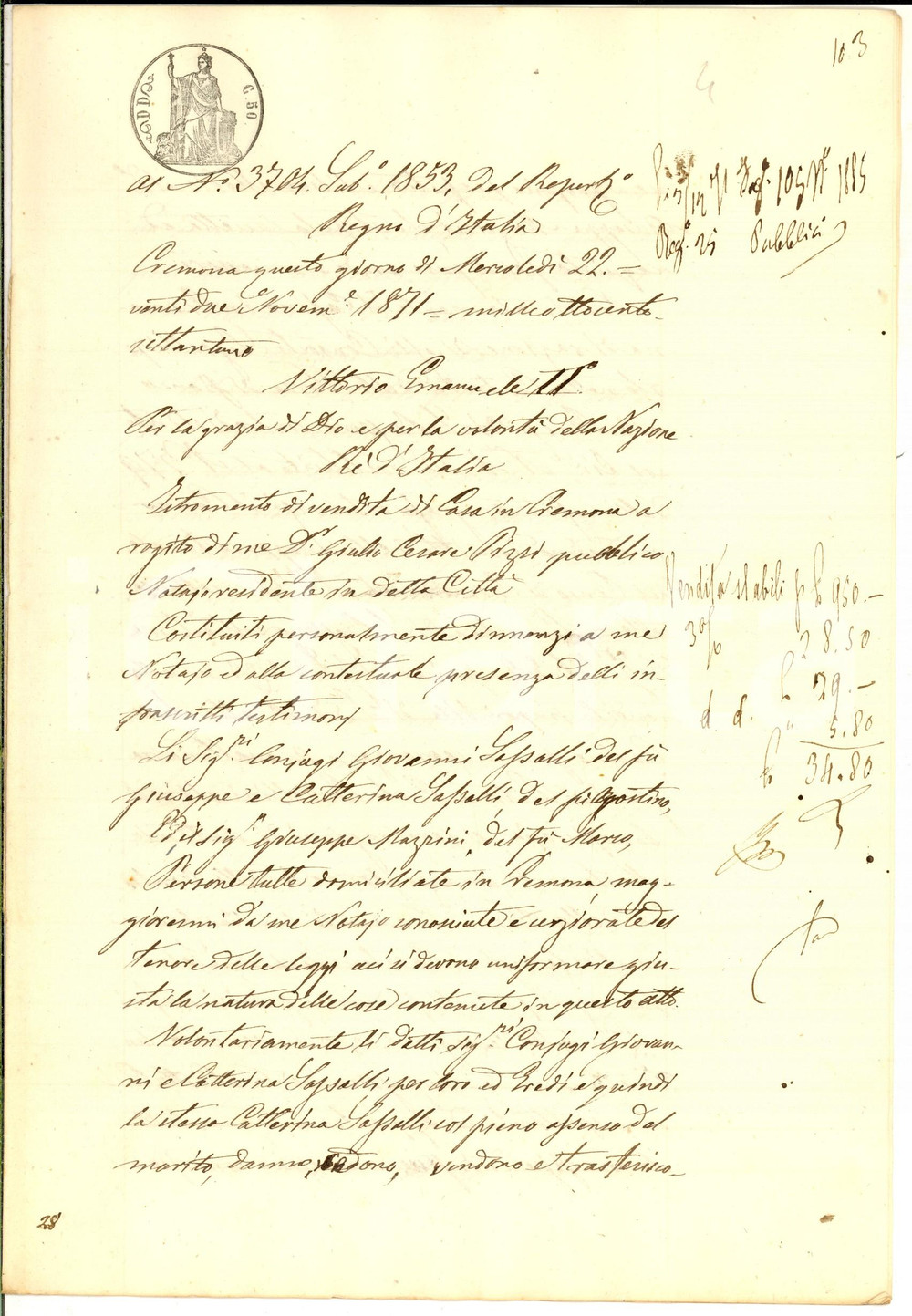 Documento originale, autentico 1871 CREMONA Giovanni e Caterina SASSALLI vendono casa zona chiesa SAN BASSANO 1