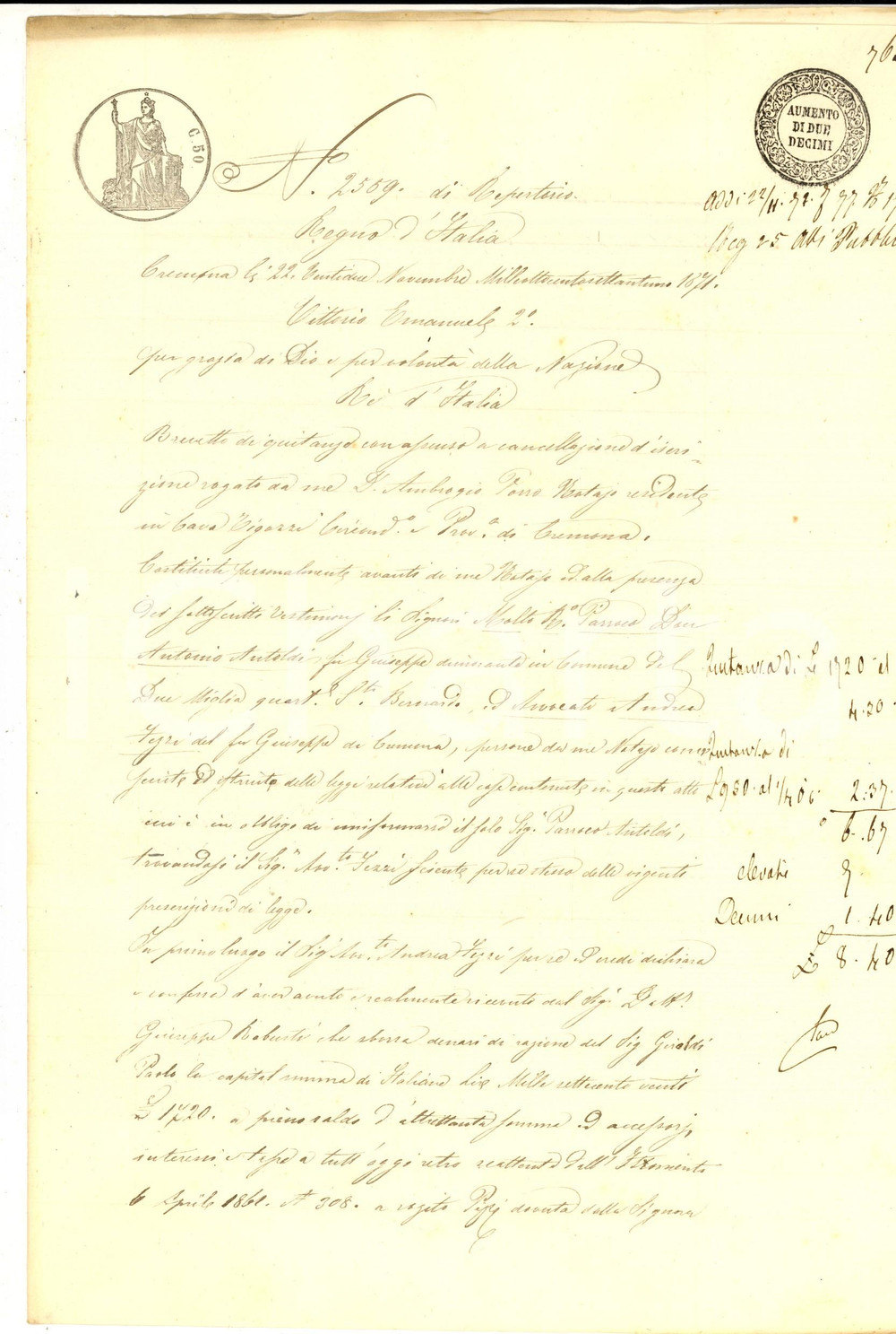 Documento originale, autentico 1871 CREMONA Quietanza di Andrea FEZZI a Paolo GIROLDI per saldo debito 1