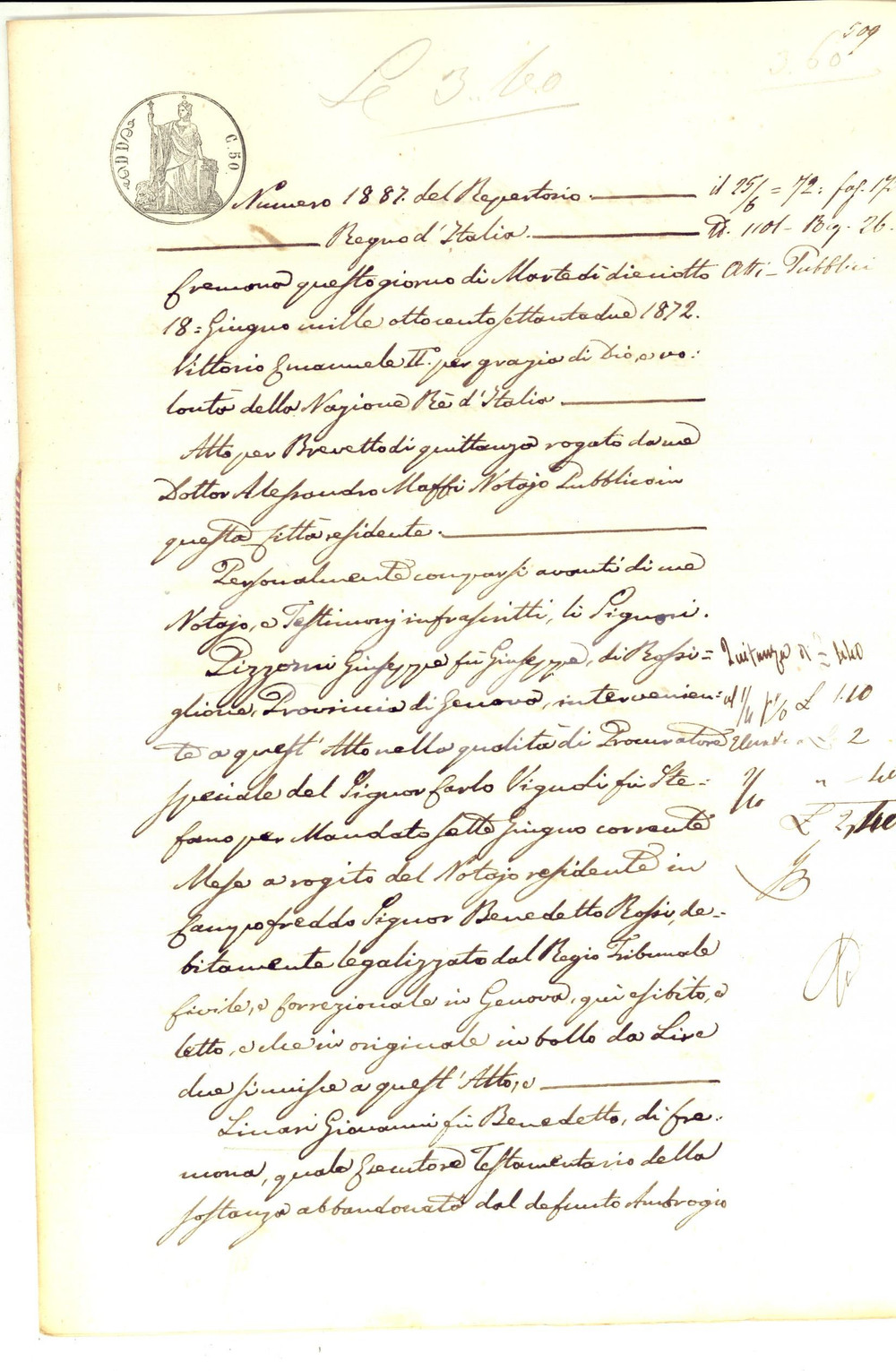 Documento originale, autentico 1872 ROSSIGLIONE GE Giovanni LINARI riceve saldo legato fu Ambrogio MARTINI 1