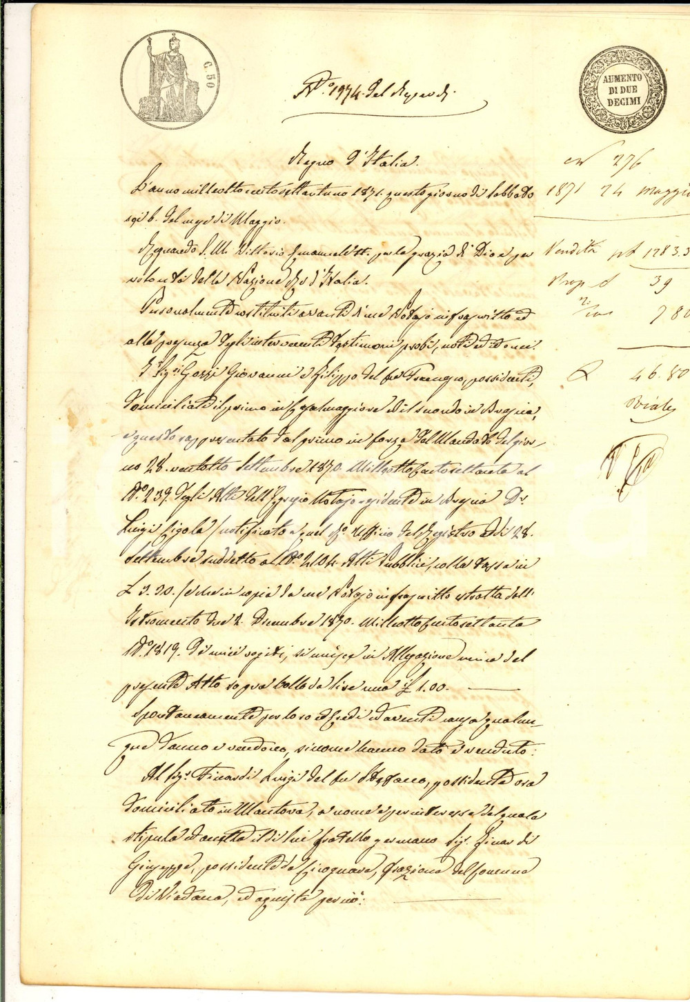 Documento originale, autentico 1871 RONCADELLO CR Giovanni e Filippo GOZZI vendono campo a Luigi FICCARDI 1