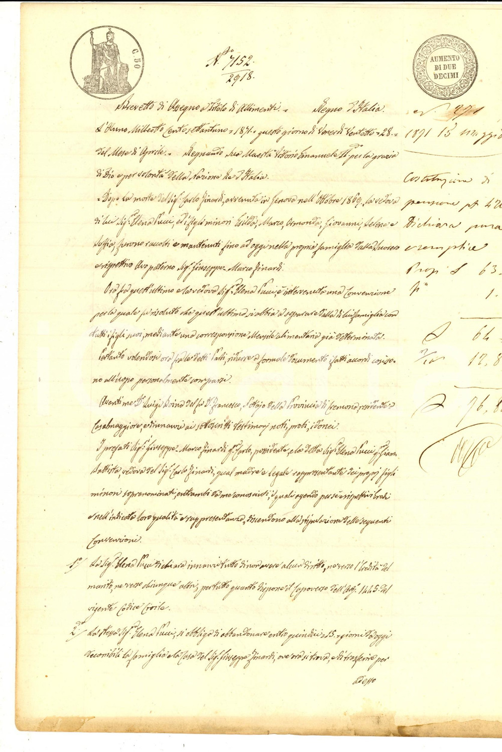 Documento originale, autentico 1871 CREMONA Assegno di Giuseppe Marco FINARDI alla madre vedova Elena PUCCI 1