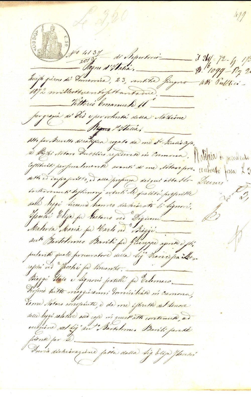 Documento originale, autentico 1872 CREMONA Brevetto di ratifica su atto Elisa ISACCHI  Maria MALERBA 1