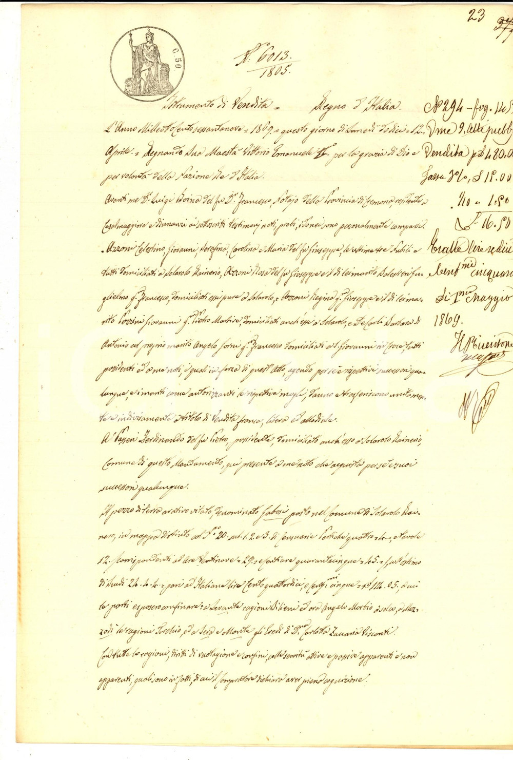 Documento originale, autentico 1869 SOLAROLO RAINERIO Fratelli AZZONI vendono campo GABOSI a Ferdinando PASSERI 1