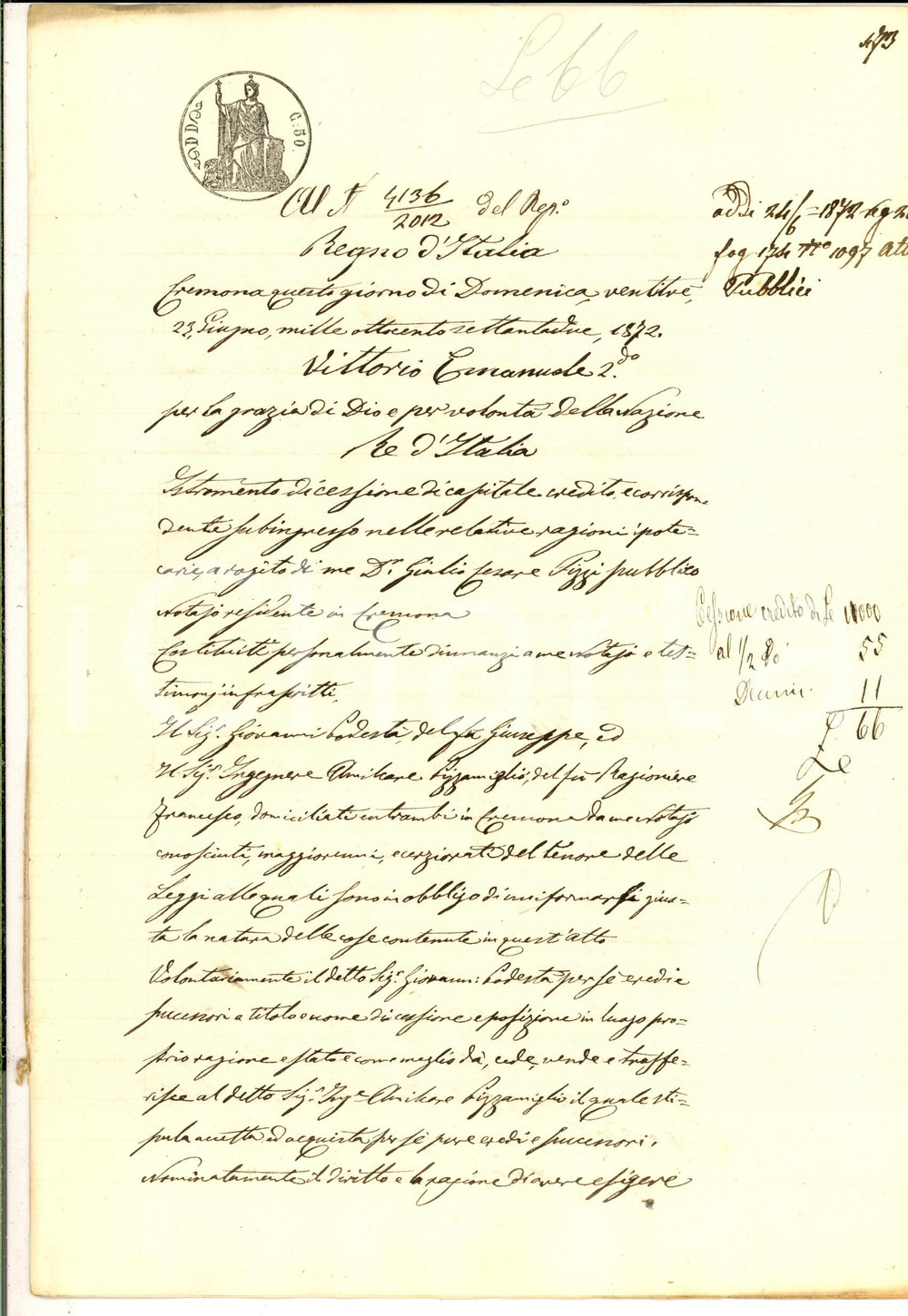 Documento originale, autentico 1872 CREMONA Giovanni PODESTA  cede diritti riscossione ad Amilcare PIZZAMIGLIO 1