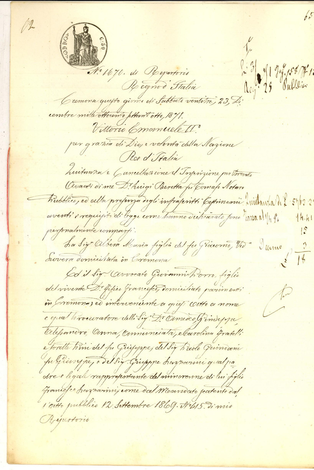 Documento originale, autentico 1871 CREMONA Maria ALBERA riceve saldo ereditÃ  Francesco PINI Manoscritto 1
