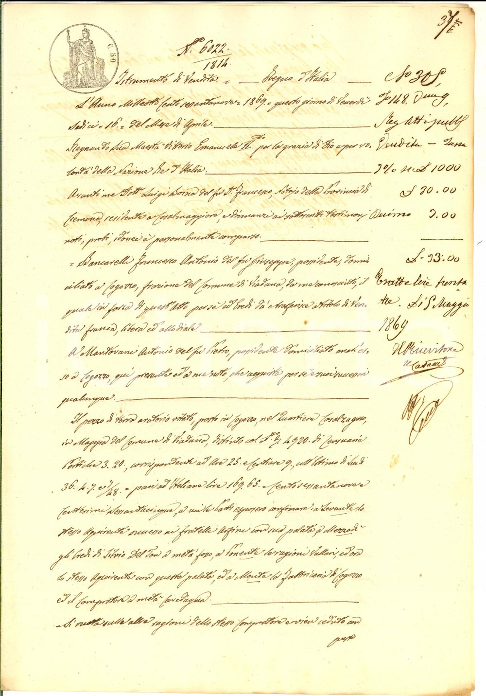 Documento originale, autentico 1869 COGOZZO/ VIADANA MN Francesco BANCARELLI vende terra ad Antonio MANTOVANI 1
