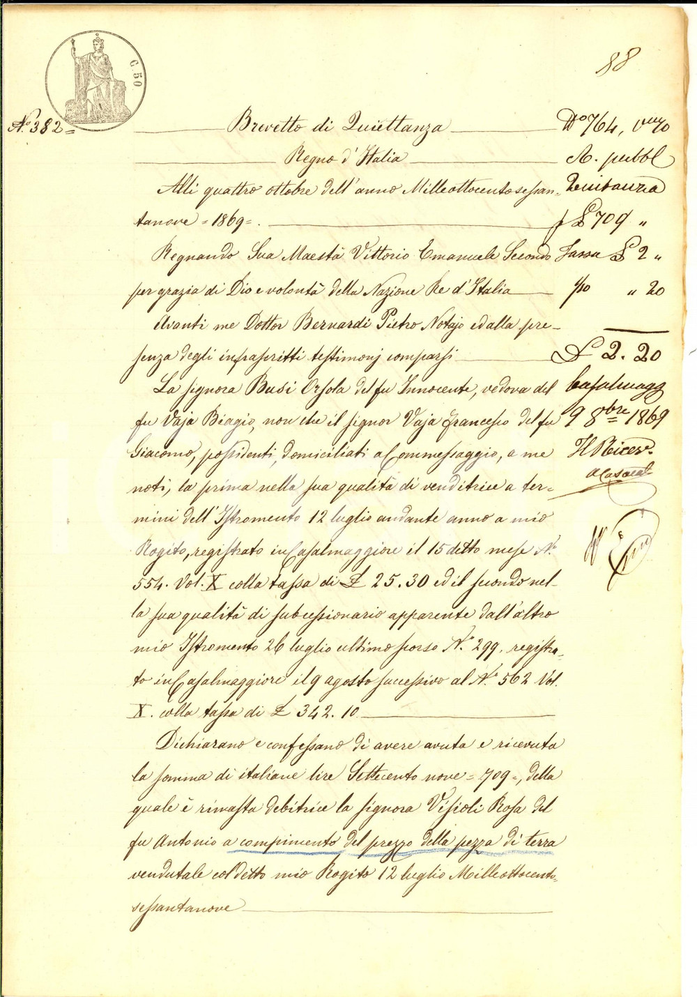 Documento originale, autentico 1869 COMMESSAGGIO MN Quietanza di Orsola BUSI a Rosa VISIOLI Manoscritto 1