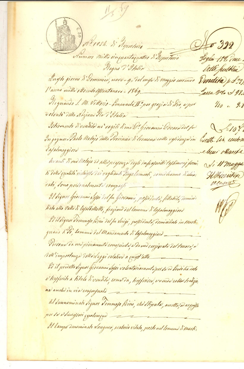 Documento originale, autentico 1869 MARTIGNANA DI PO CR Giovanni SASSI vende a Tommaso BINI campo LONGURA 1