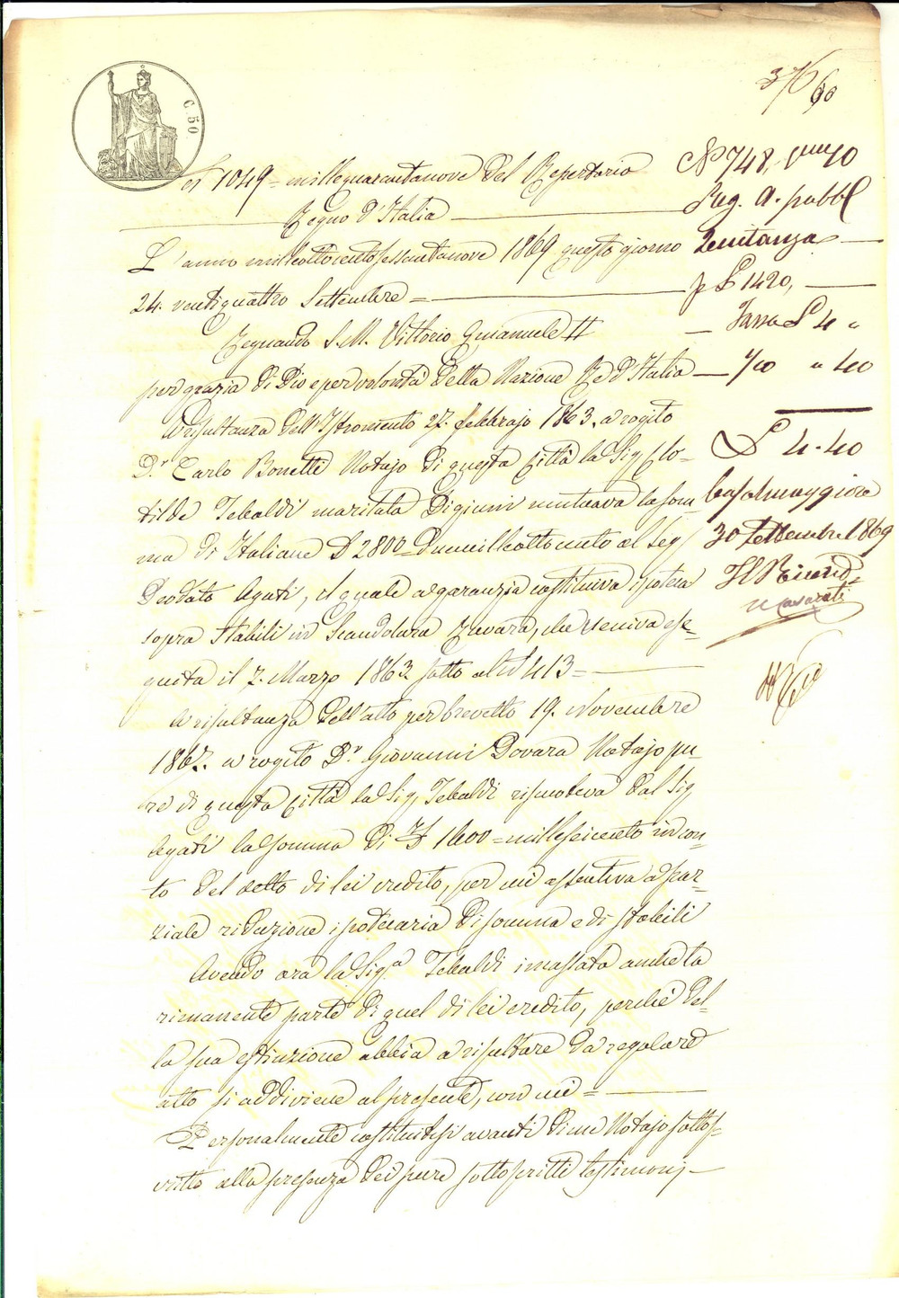 Documento originale, autentico 1869 SCANDOLARA RAVARA Quietanza Clotilde TEBALDI a Deodato AGATI per saldo 1