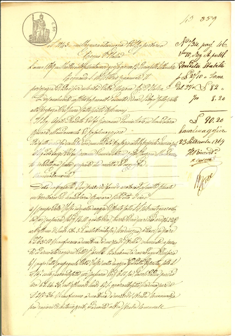 Documento originale, autentico 1869 SCANDOLARA RAVARA Deodato AGATI vende Campo delle Volpi a Luigi TELO 1