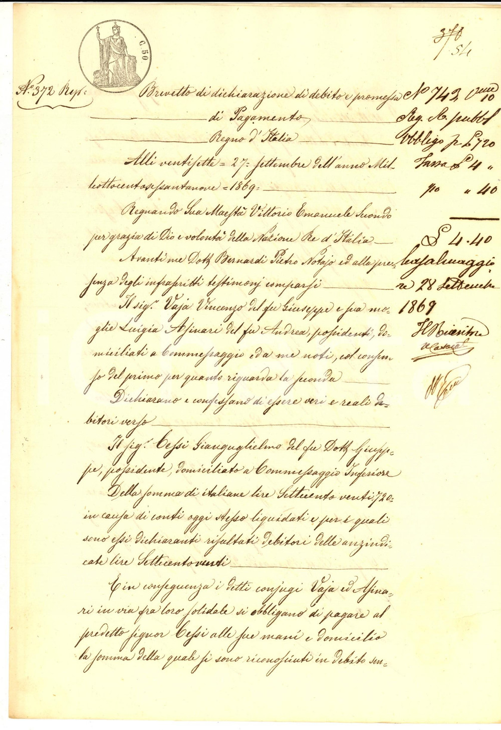 Documento originale, autentico 1869 COMMESSAGGIO Obbligo di Vincenzo VAJA verso Gianguglielmo CESSI Manoscritto 1