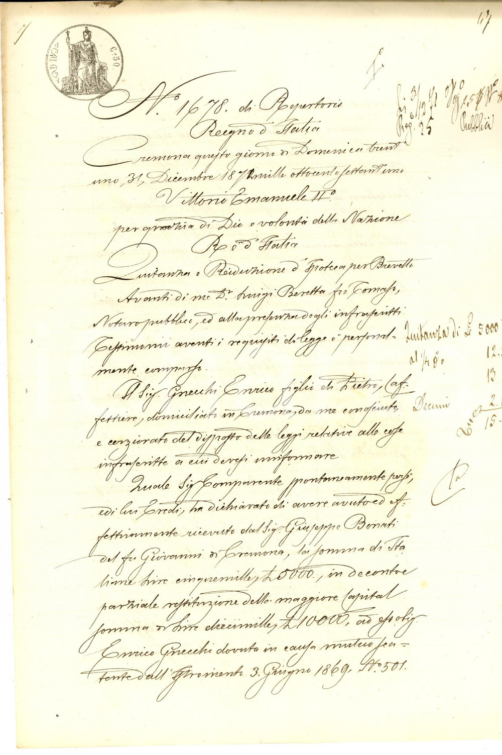 Documento originale, autentico 1871 CREMONA Quietanza di Emilio GNECCHI a Giuseppe BONATI Manoscritto 1