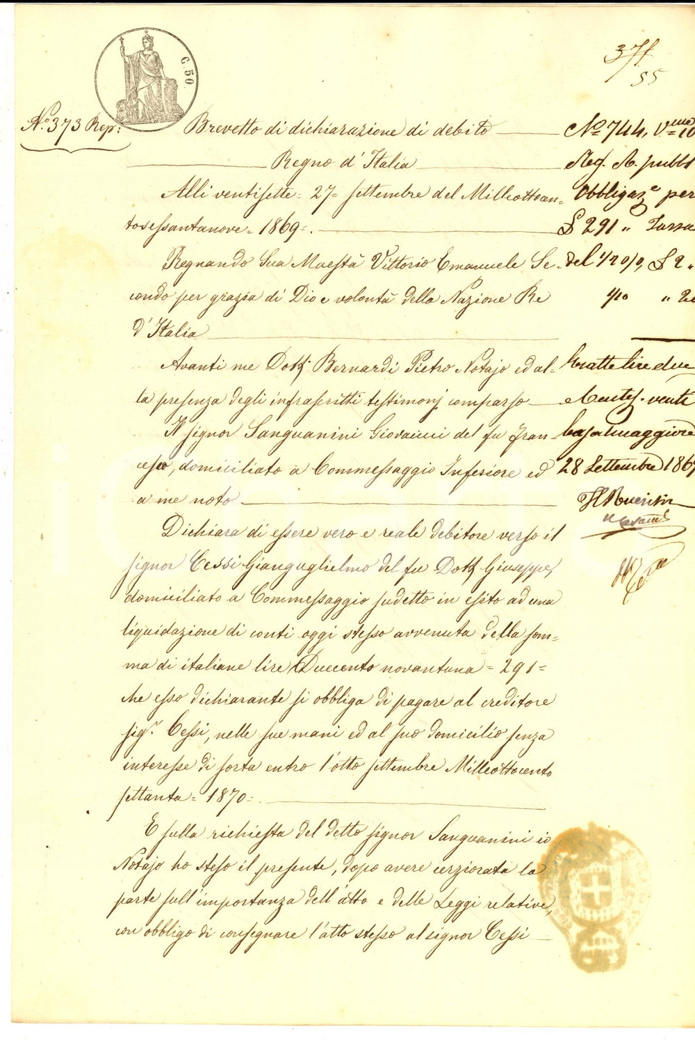 Documento originale, autentico 1869 COMMESSAGGIO Obbligo di Giovanni SANGUANINI verso Gianguglielmo CESSI 1