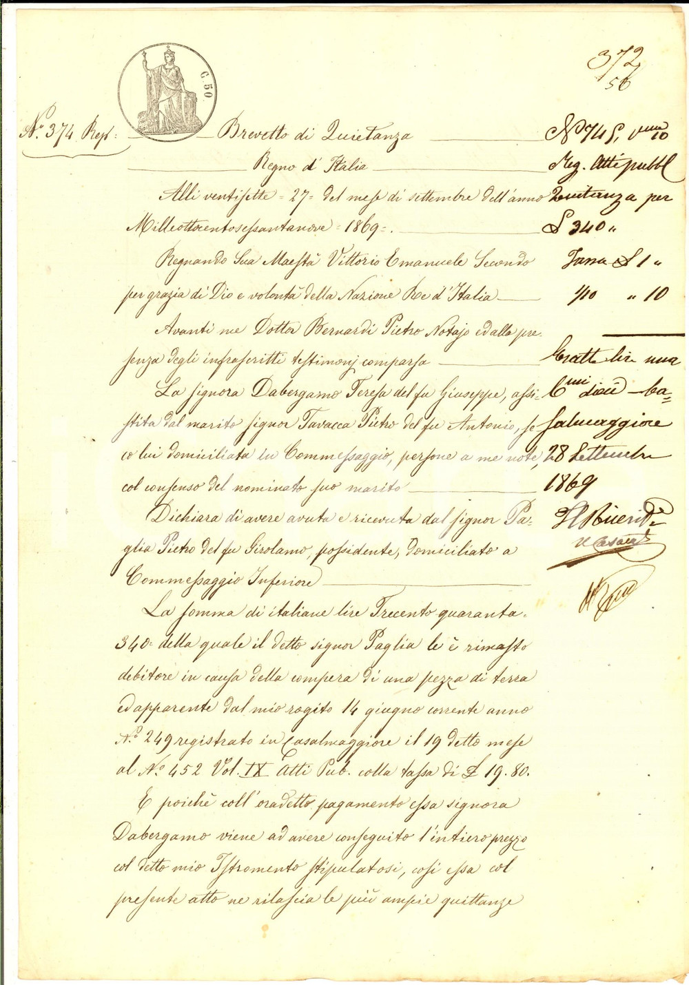 Documento originale, autentico 1869 COMMESSAGGIO Quietanza di Teresa DABERGAMO a Pietro PAGLIA Manoscritto 1