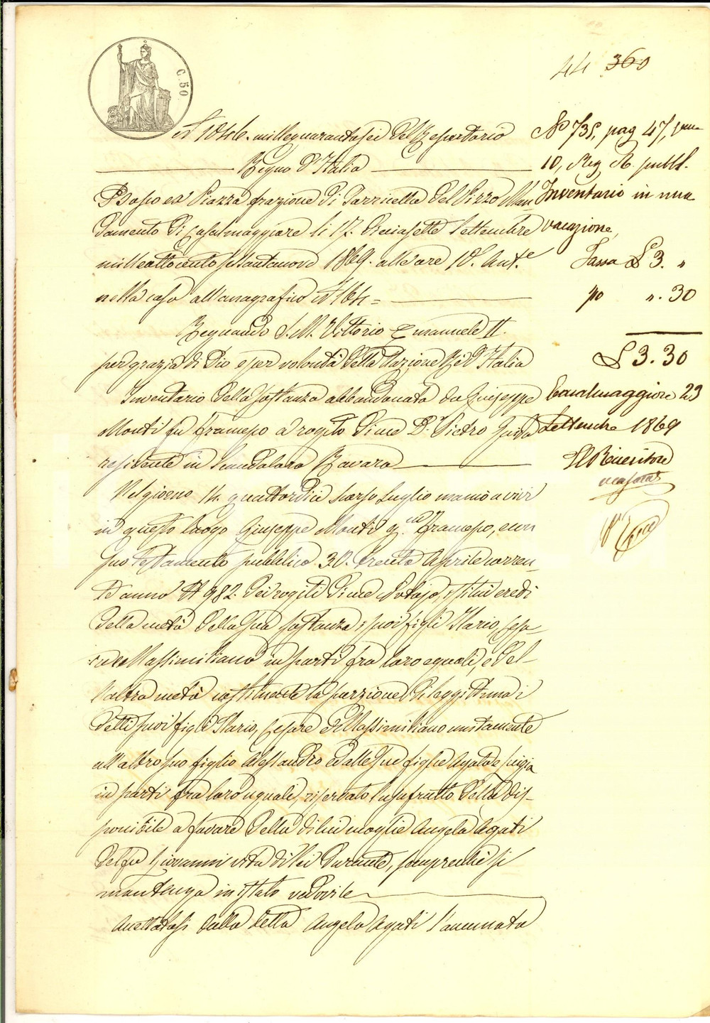 Documento originale, autentico 1869 SCANDOLARA RAVARA Inventario beni abbandonati del defunto Giuseppe MONTI 1