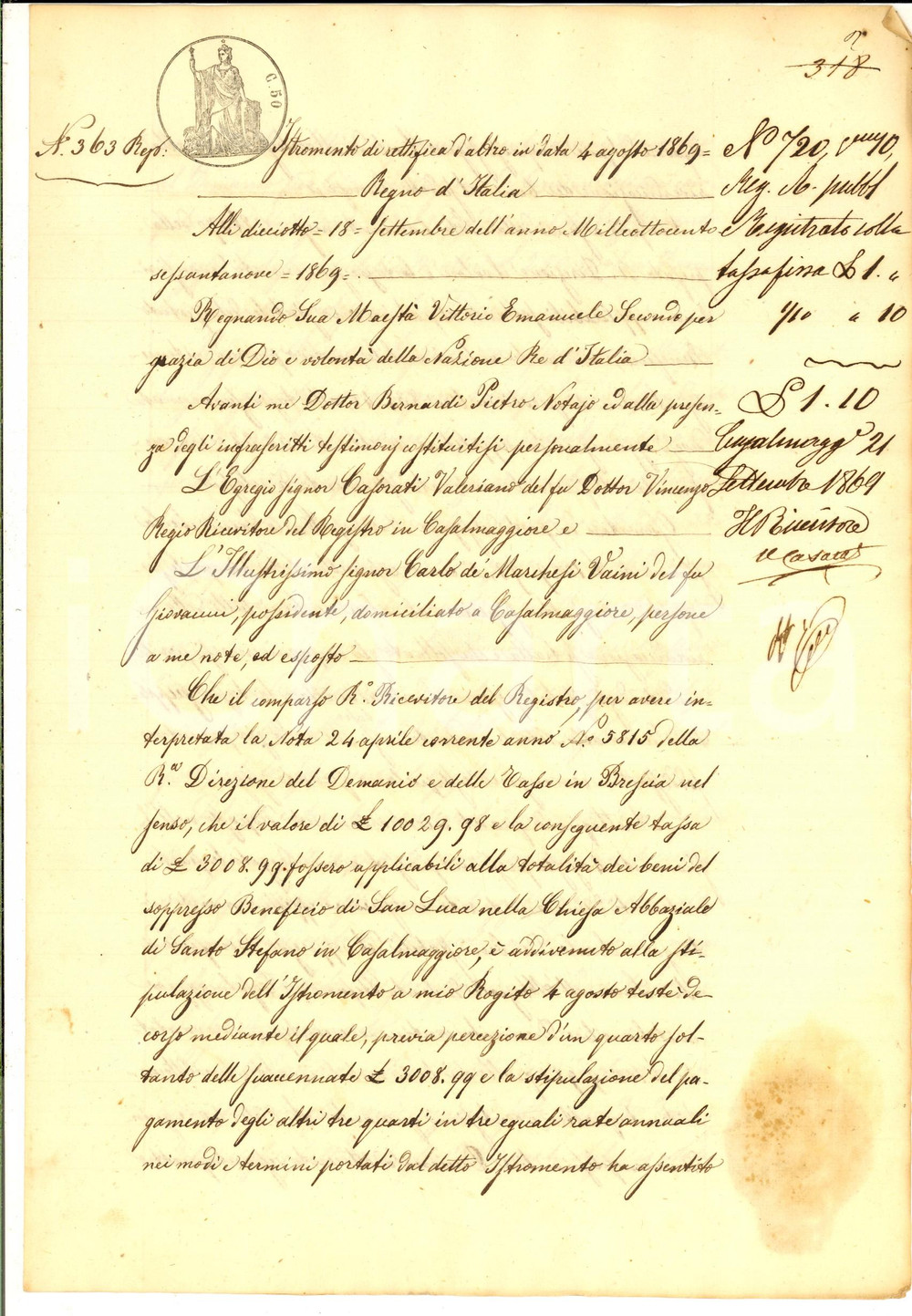Documento originale, autentico 1869 CASALMAGGIORE Rettifica atto pro marchese Carlo VAINI su beneficio SAN LUCA 1