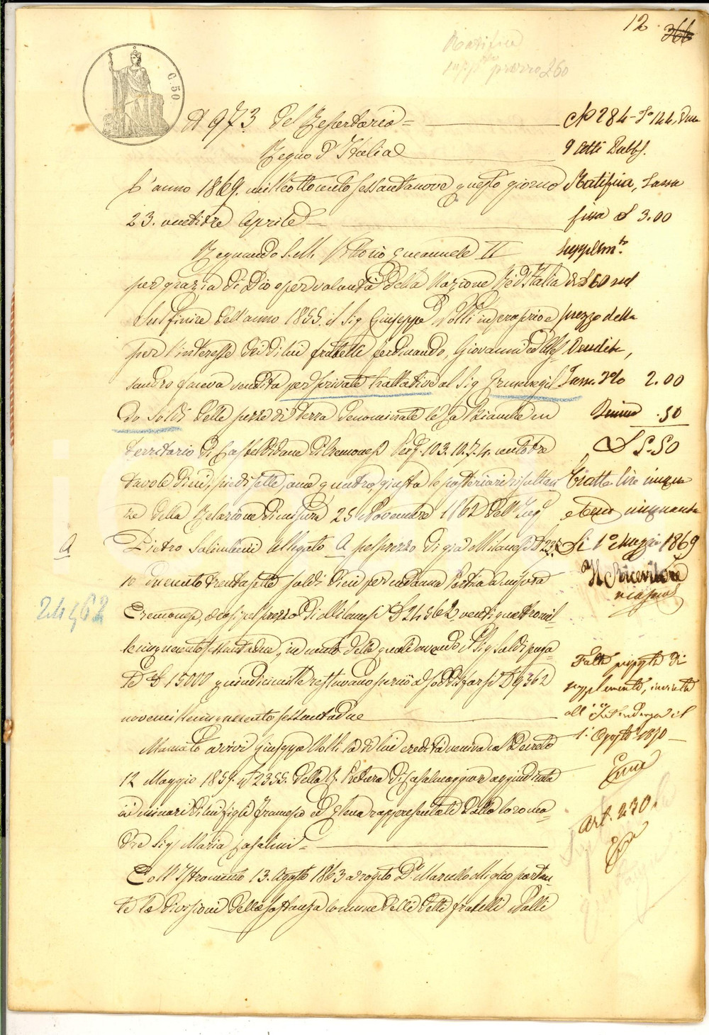 Documento originale, autentico 1869 CASTELDIDONE CR Ratifica vendita terra fratelli VOLLI ad Antonio ALQUATI 1