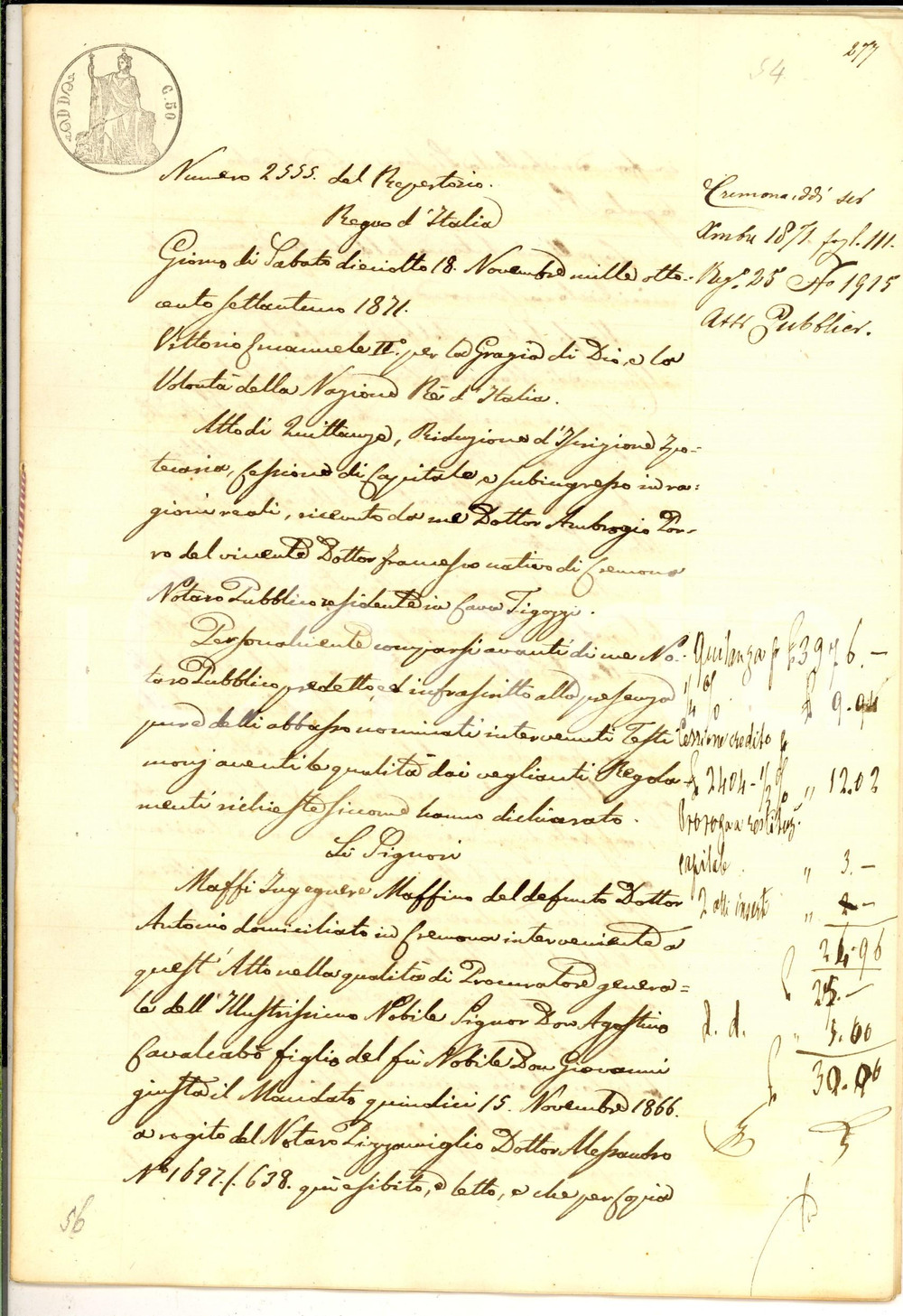 Documento originale, autentico 1871 CREMONA Quietanza e cessione Antonio CAPELLINI a nobile Agostino CAVALCABO 1