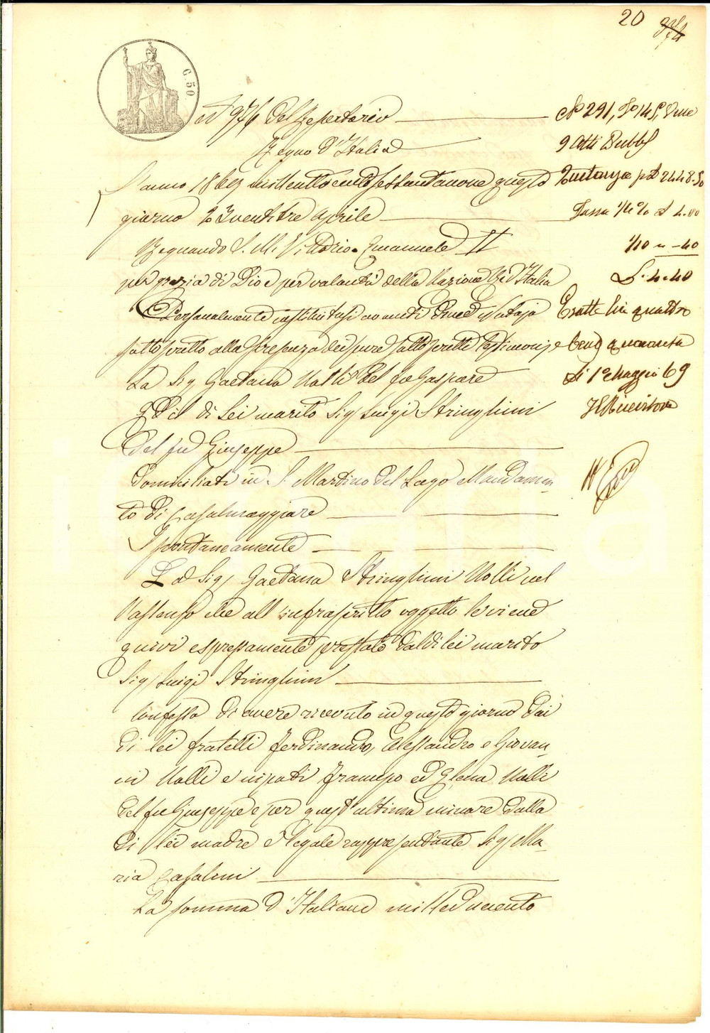 Documento originale, autentico 1869 SAN MARTINO DEL LAGO Quietanza Gaetana STRINGHINI ai fratelli per ereditÃ  1