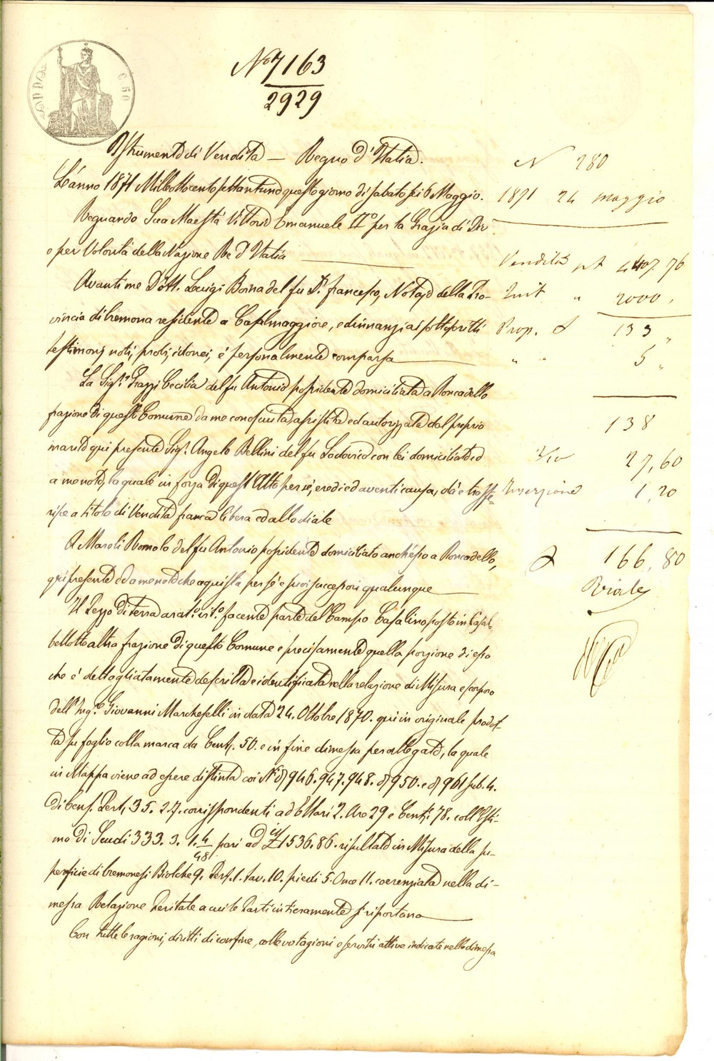 Documento originale, autentico 1871 CASALBELLOTTO Cecilia GRAZZI vende campo CASALINO a Romolo MAROLI 1