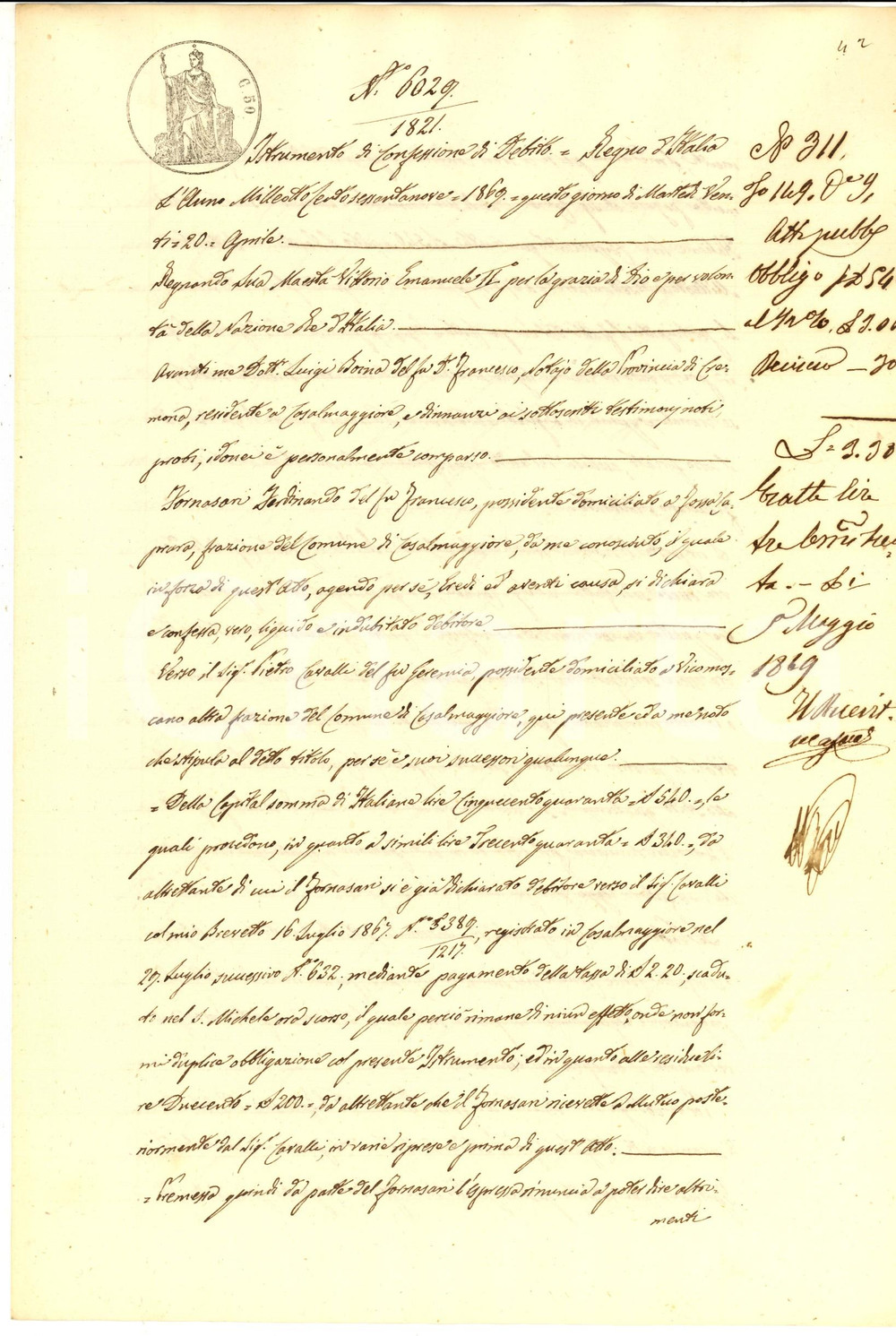 Documento originale, autentico 1869 FOSSACAPRARA Obbligo Ferdinando FORNASARI verso Pietro CAVALLI per prestito 1