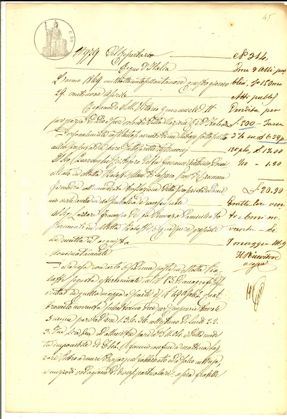 Documento originale, autentico 1869 MOTTA BALUFFI CR Cristoforo QUARENGHI vende casa a Francesco LAZZARI 1