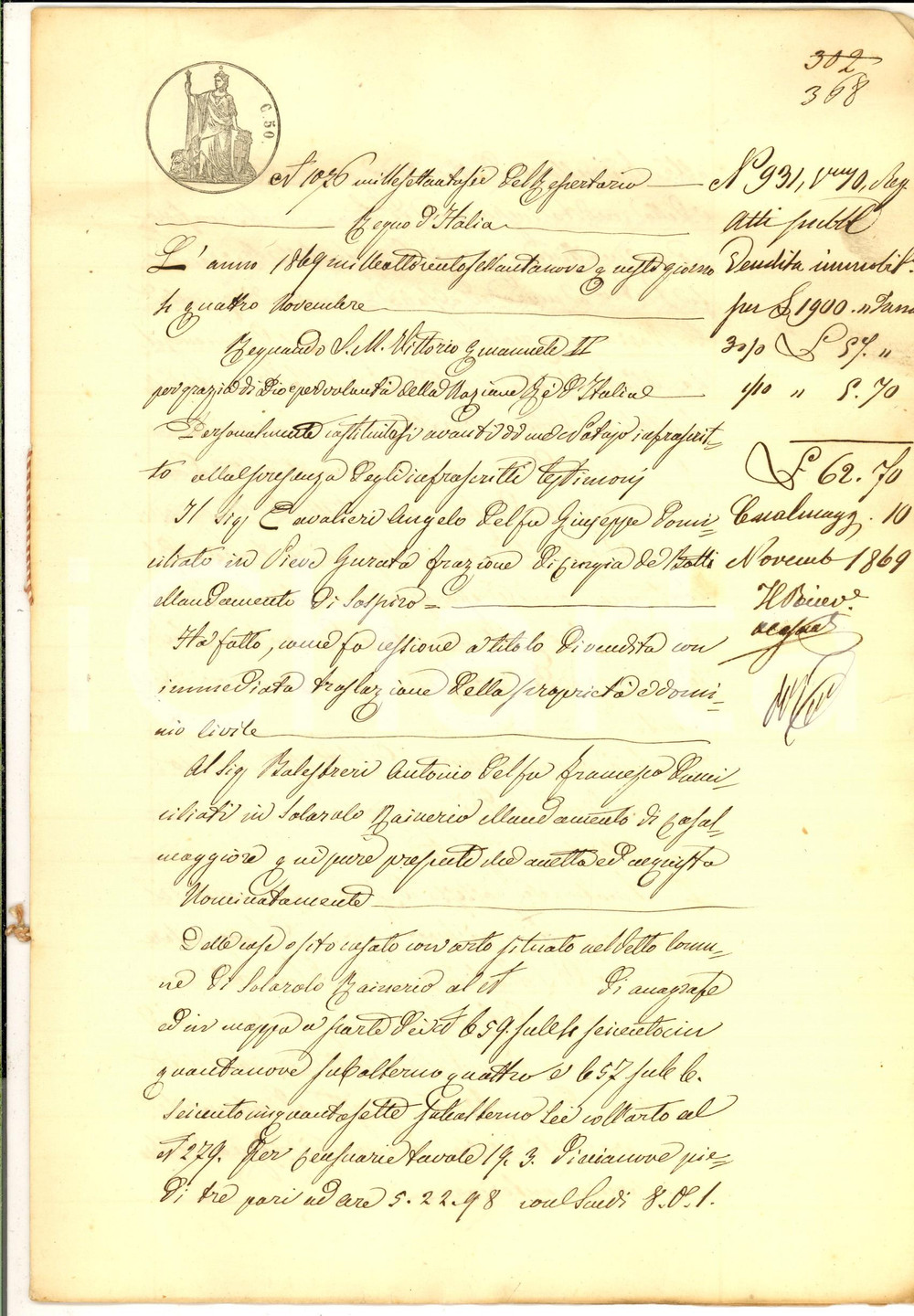 Documento originale, autentico 1869 MOTTA BALUFFI CR Angelo CAVALIERI vende casa ad Antonio BALESTRERI 1