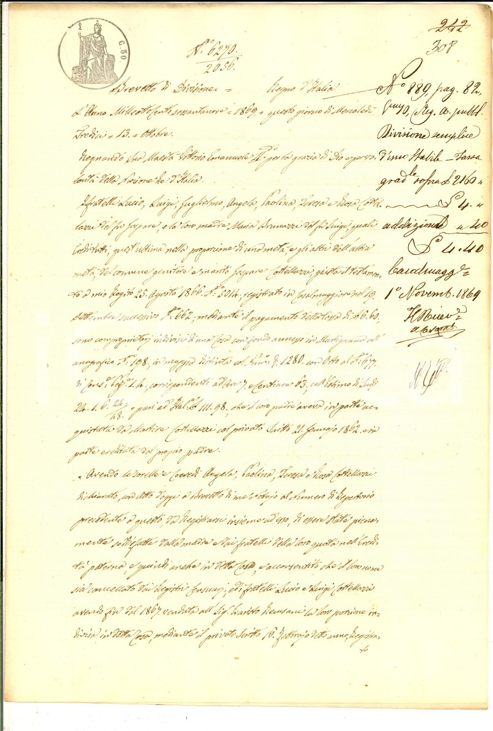 Documento originale, autentico 1869 MARTIGNANA DI PO Divisione ereditaria  per i beni di Gaspare CORTELLAZZI 1
