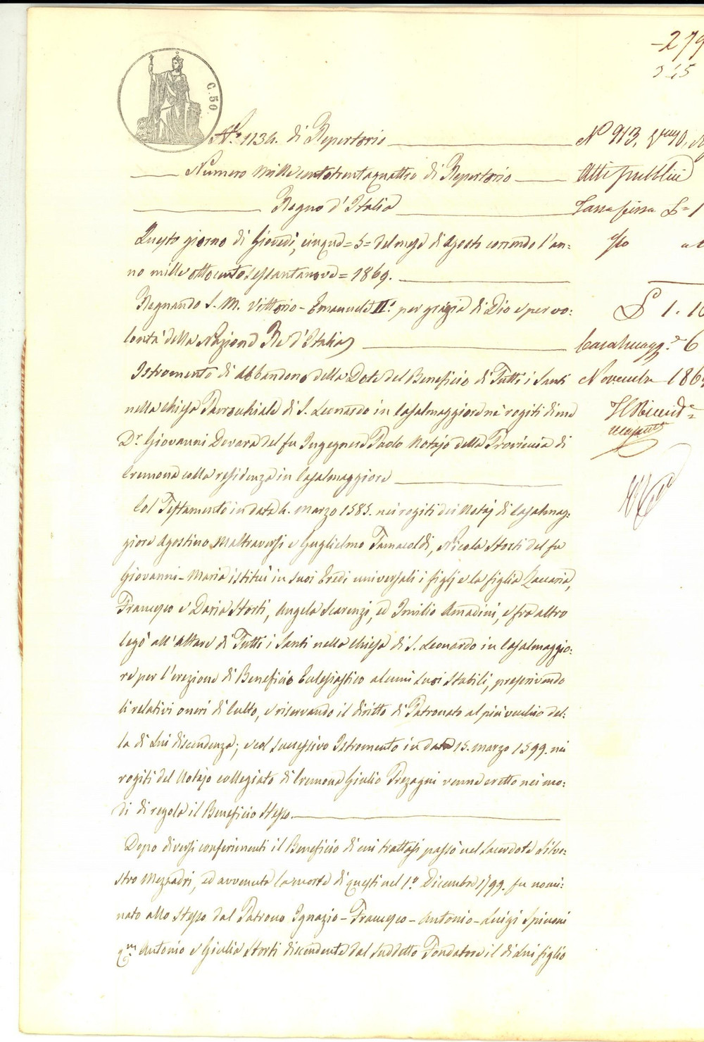 Documento originale, autentico 1869 CASALMAGGIORE Abbandono dote beneficio di TUTTI I SANTI chiesa SAN LEONARDO 1
