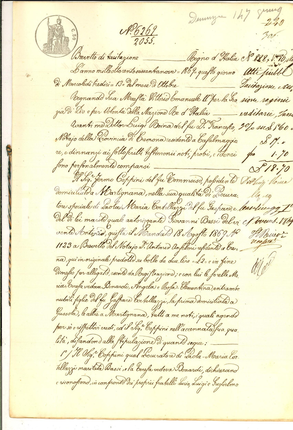 Documento originale, autentico 1869 MARTIGNANA DI PO Sorelle CORTELLAZZI riconoscono dote in luogo dell ereditÃ  1