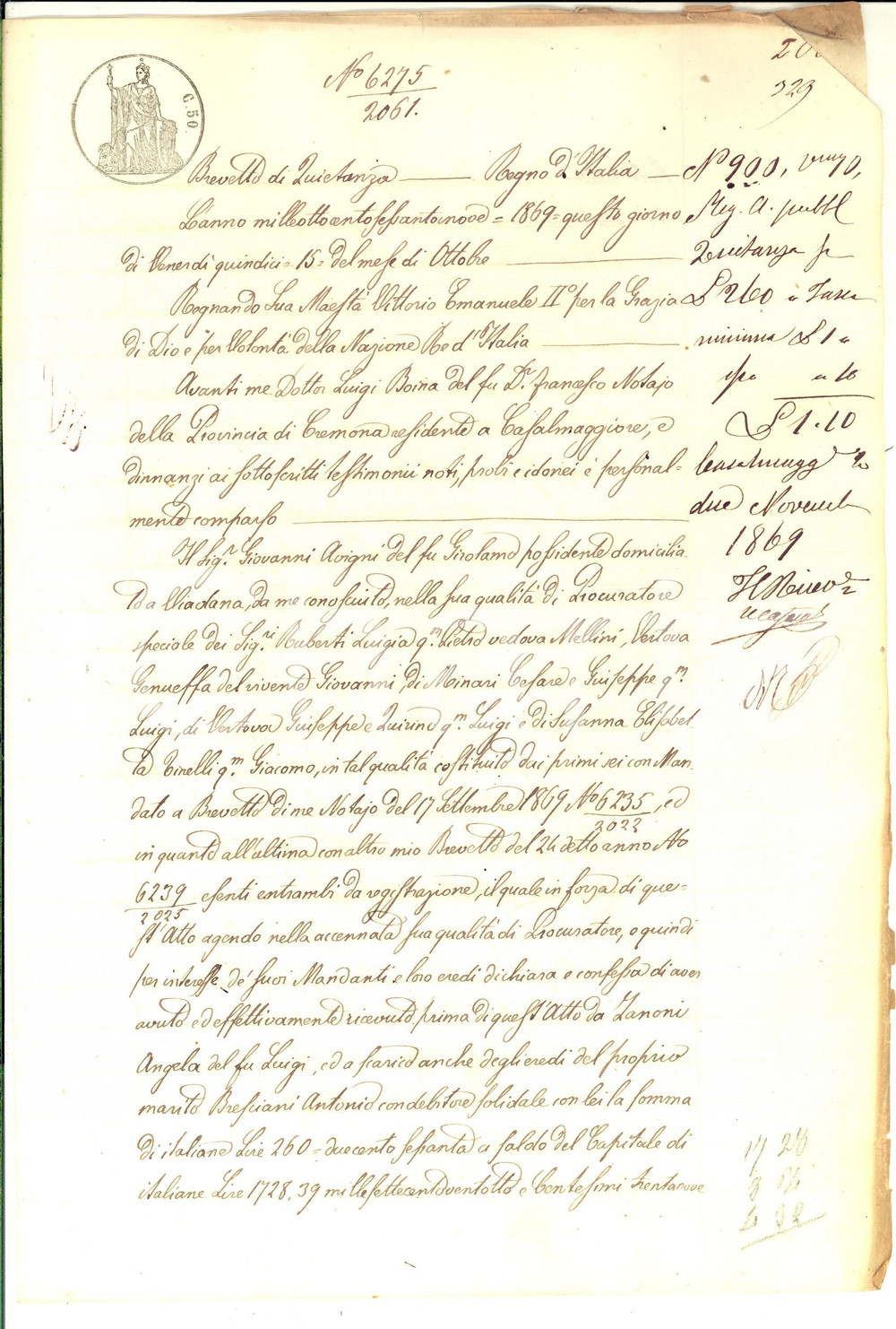 Documento originale, autentico 1869 CASALMAGGIORE Quietanza del procuratore Giovanni AVIGNI ad Angela ZANONI 1