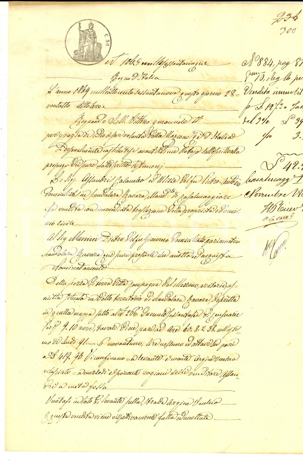 Documento originale, autentico 1869 SCANDOLARA RAVARA Colombo ASSANDRI vende campagna MEZZANO a Pietro MANINI 1