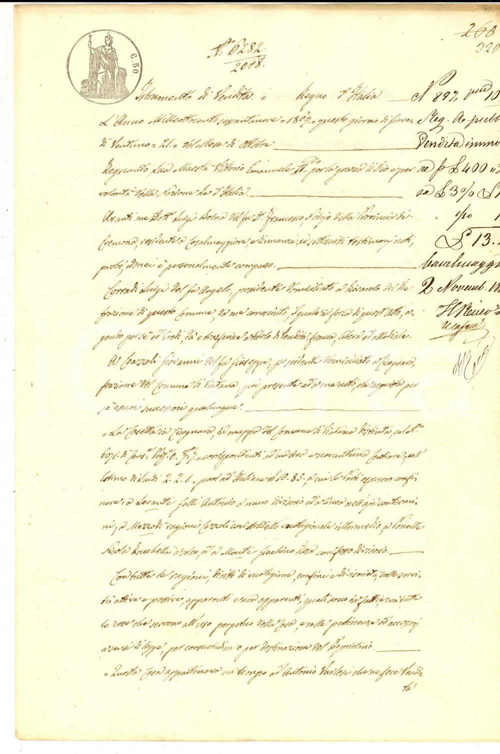 Documento originale, autentico 1869 CICOGNARA Luigi CORRADI vende una casetta rurale a Giovanni COAZZOLI 1